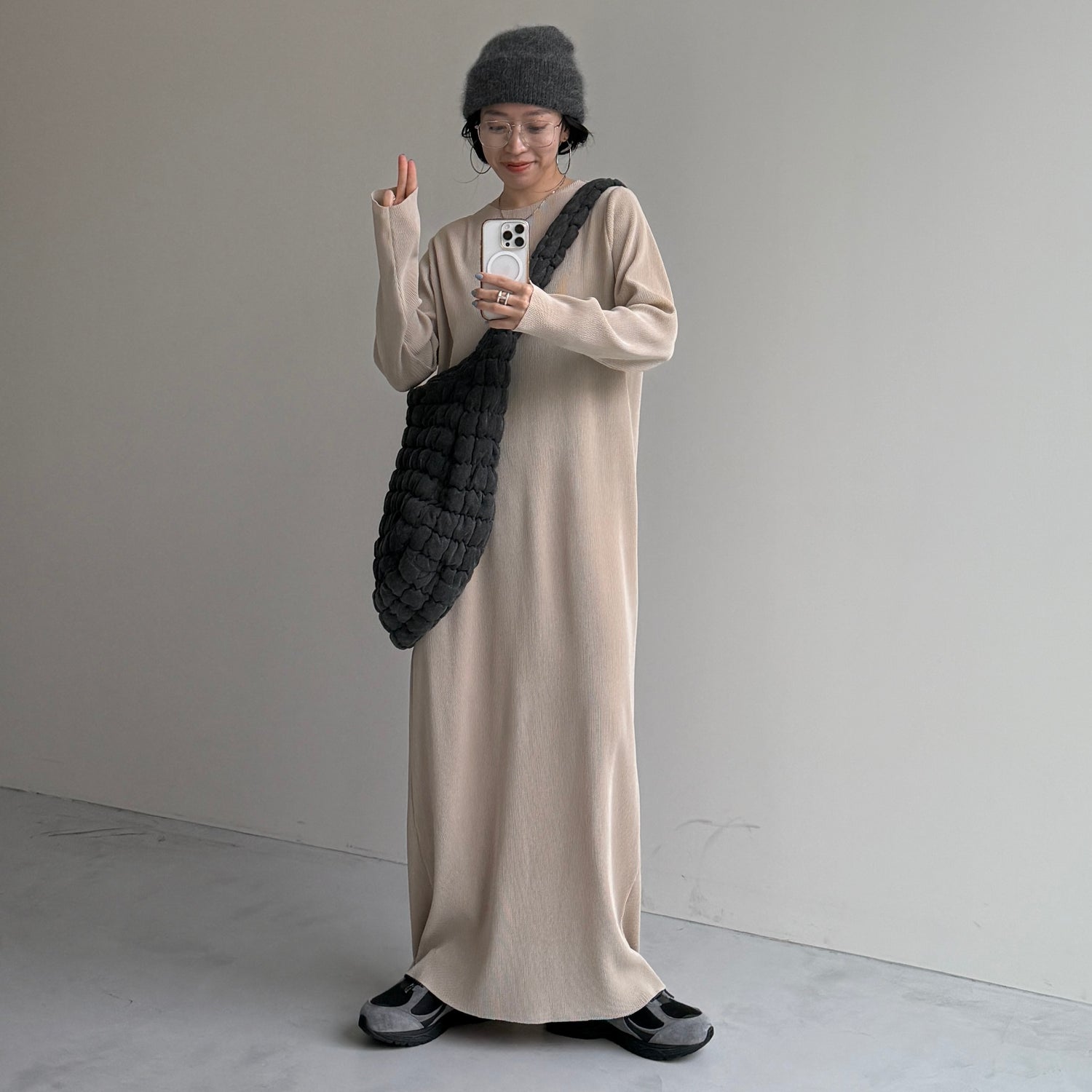 daily daily super stretch crew neck pleats one piece / ivory [FREE or LONG]クルーネック