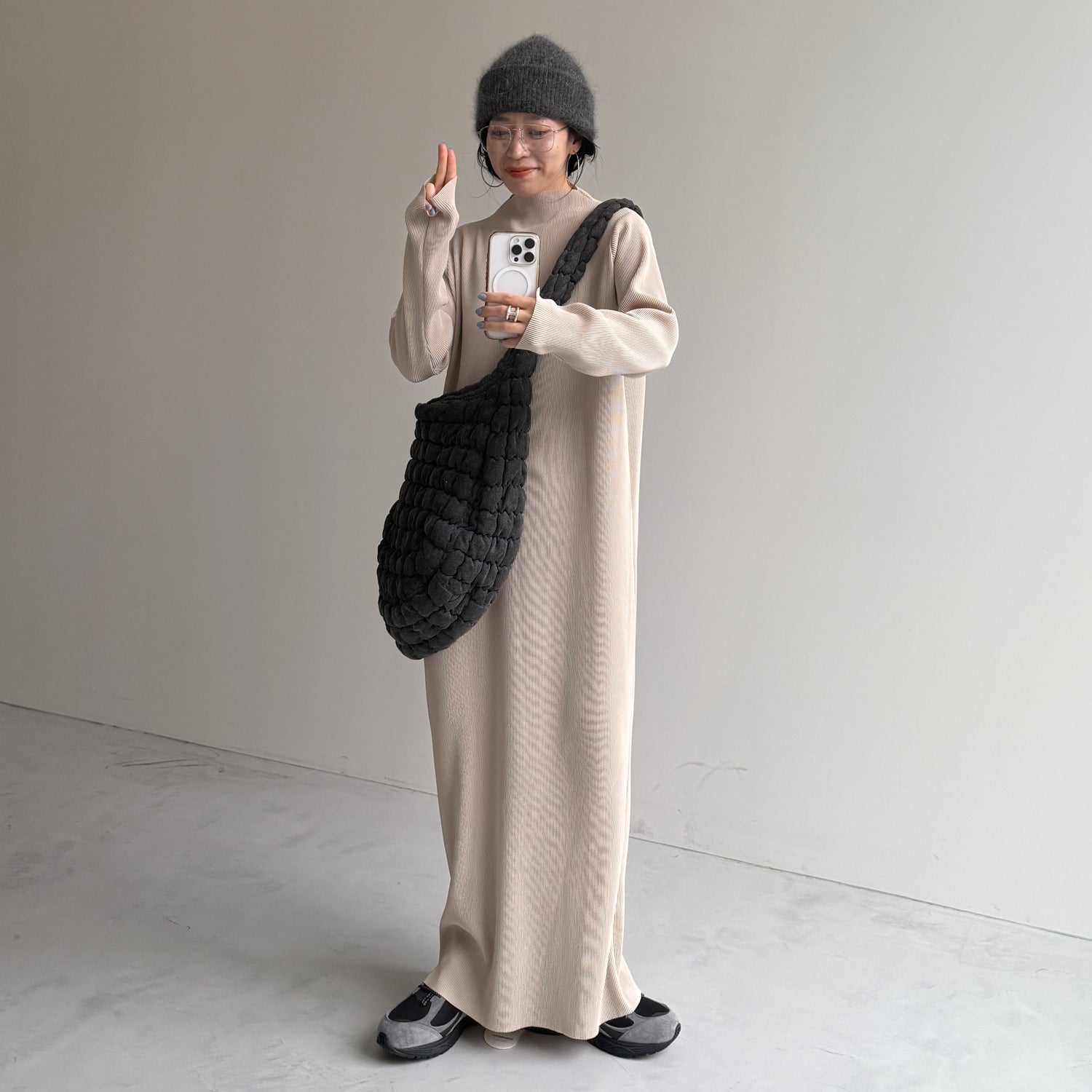 daily daily super stretch crew neck pleats one piece / ivory [FREE or LONG]クルーネック