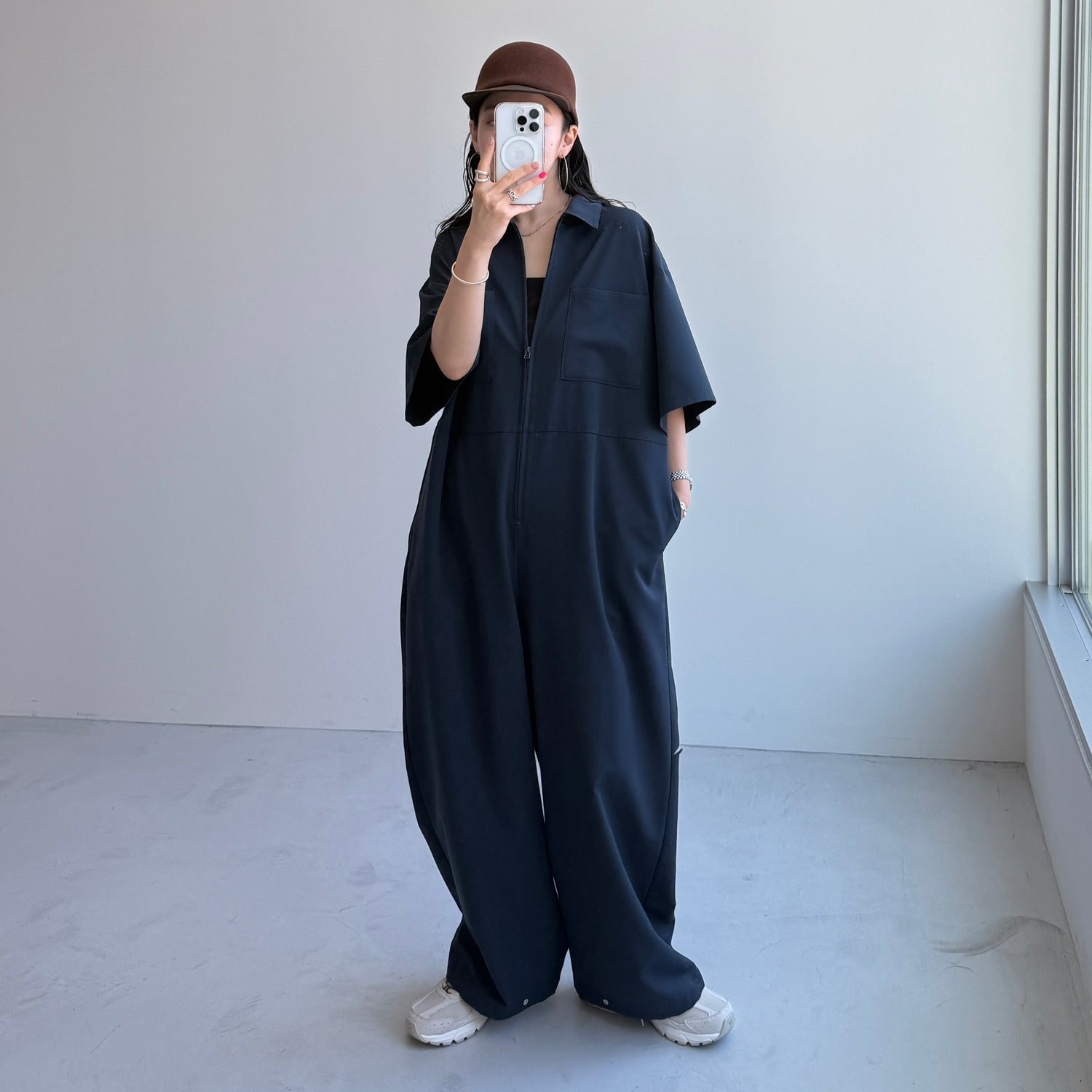 NAKAGAMI マルチway スウェットワンピース　ブラック　ジップ half sleeve zip all in one / navy [2size] （ハイネックハーフ