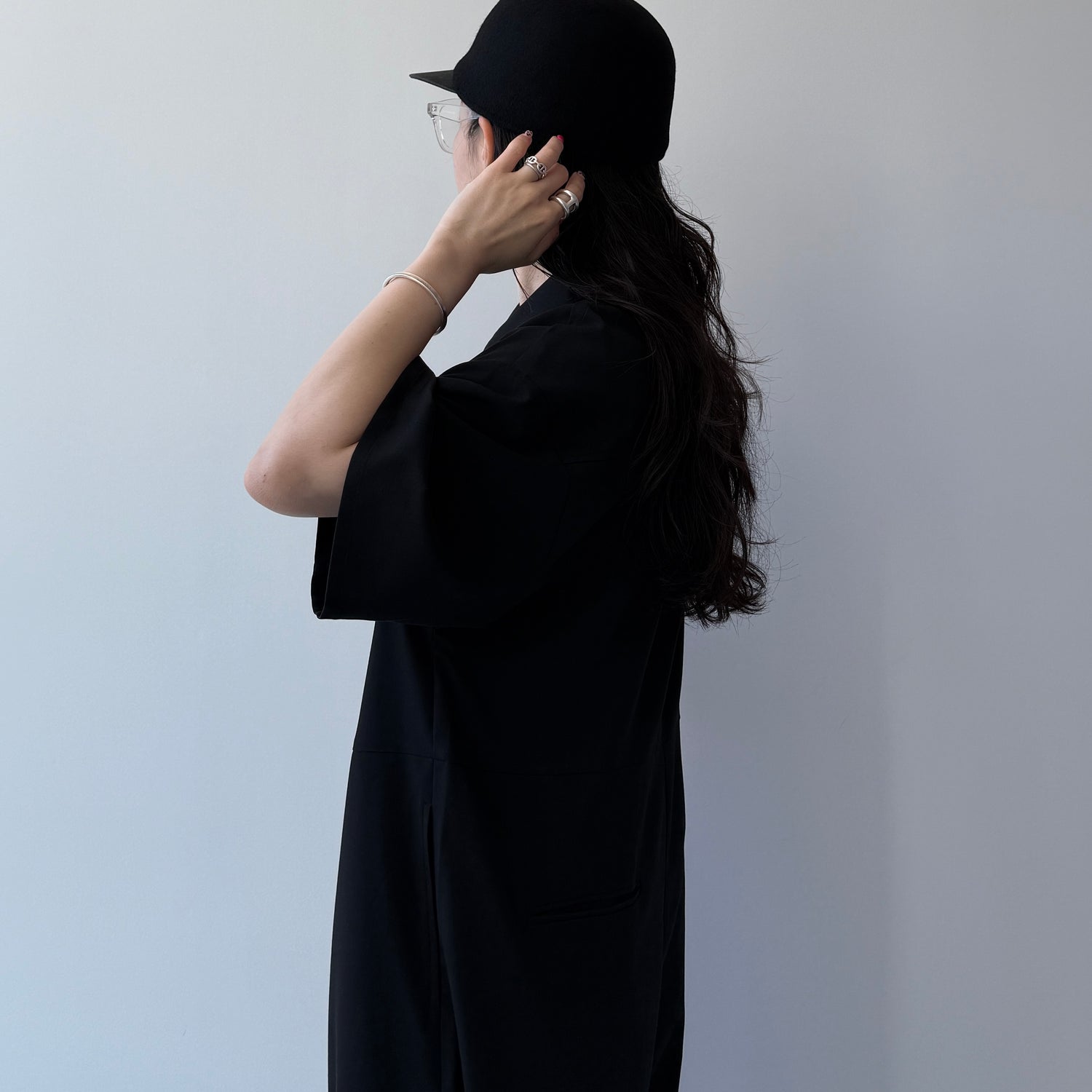 half sleeve zip all in one / black [2size]