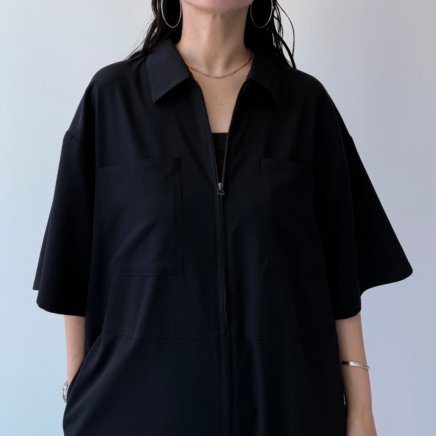 half sleeve zip all in one / black [2size]