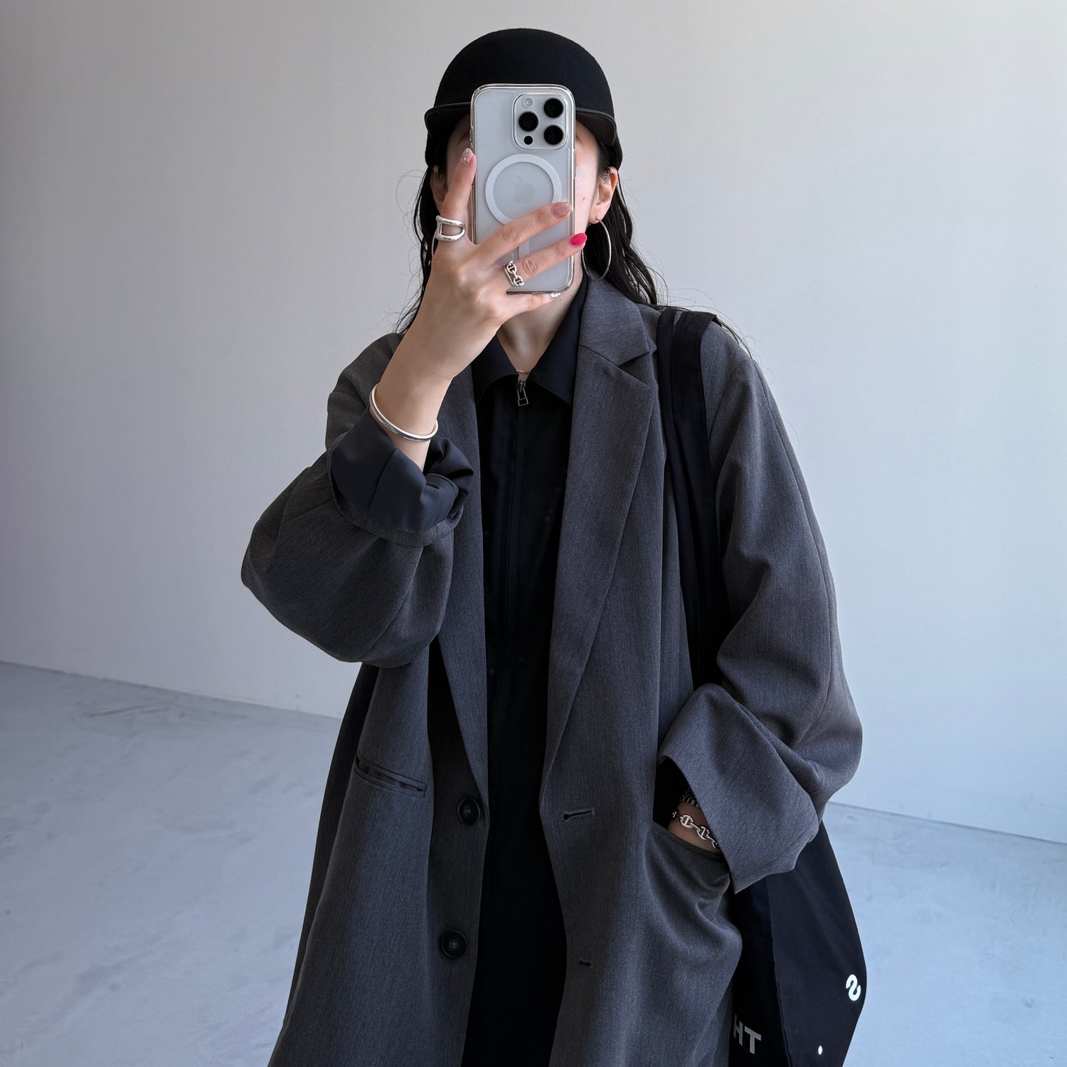 half sleeve zip all in one / black [2size]