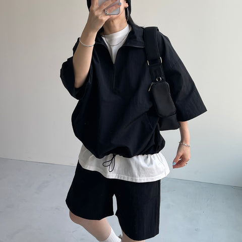 over size half zip nylon po / black