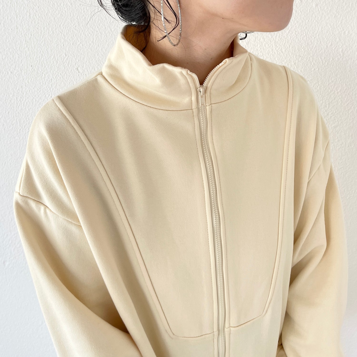 high neck half zip up sweat all in one / ivory （ハイネックハーフ ...