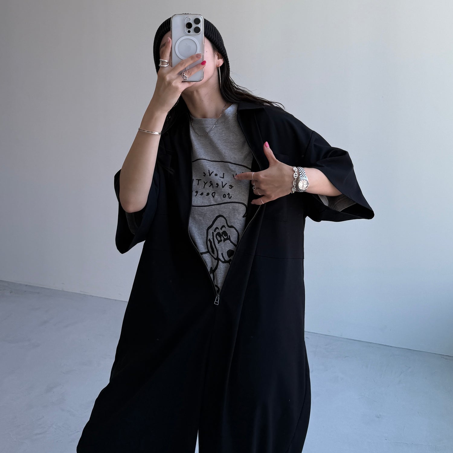 half sleeve zip all in one / black [2size]
