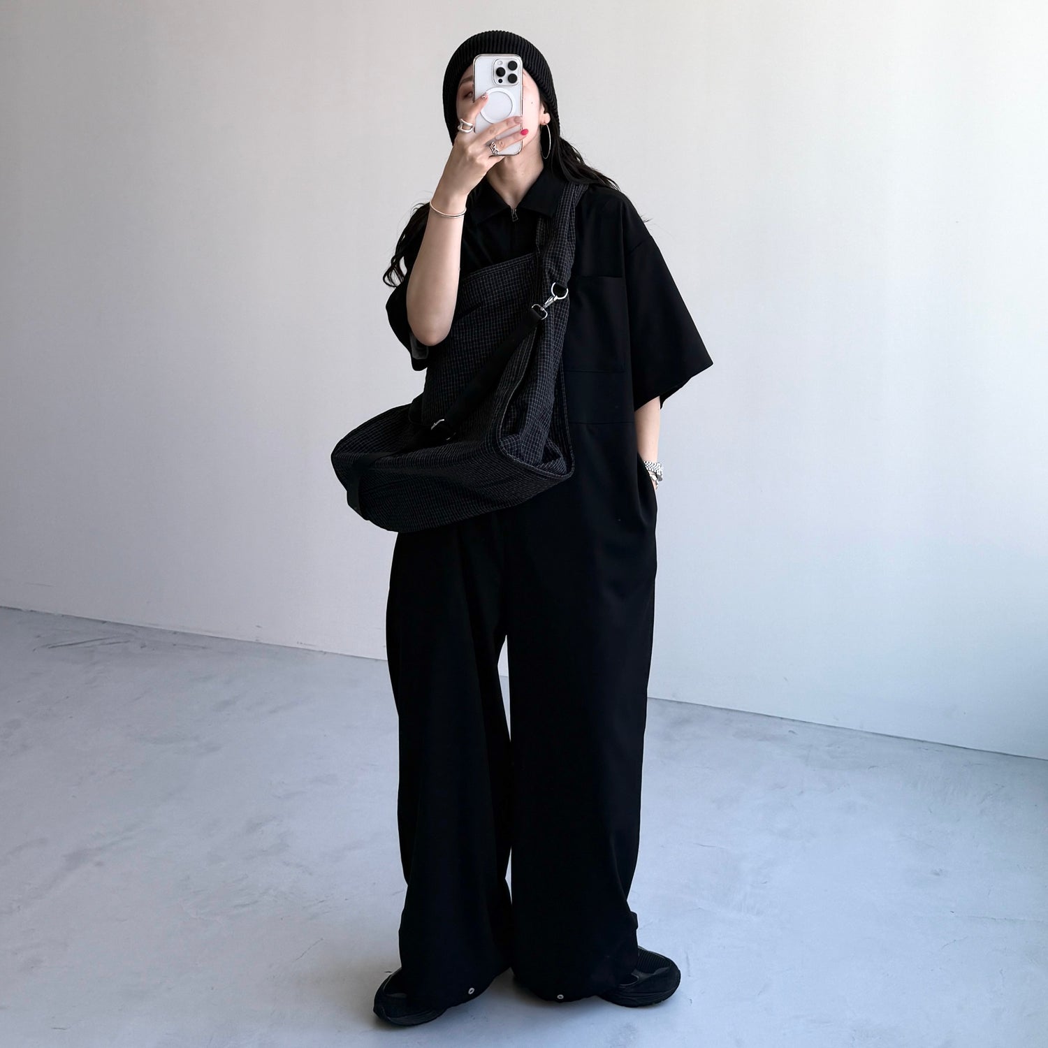 half sleeve zip all in one / black [2size]