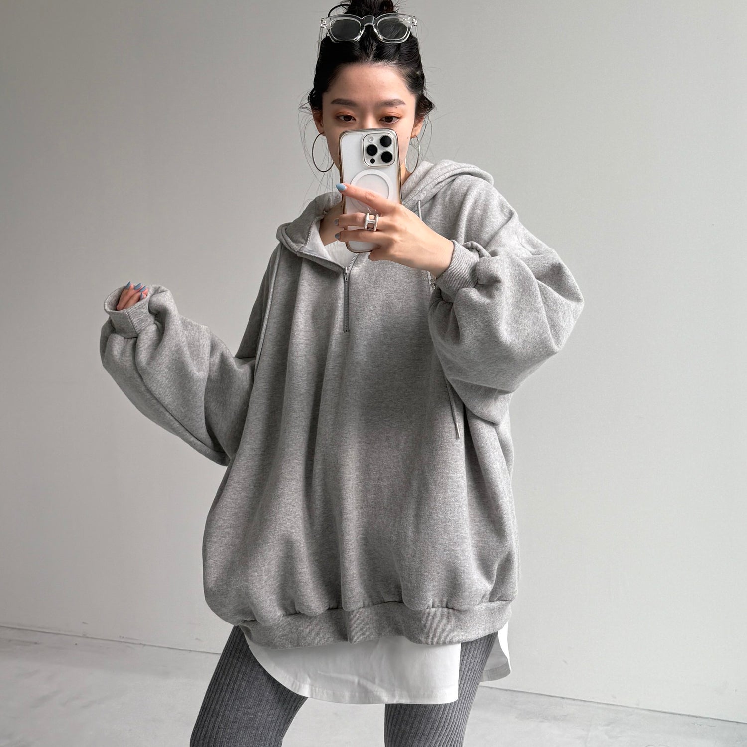 half zip loose hoodie / gray