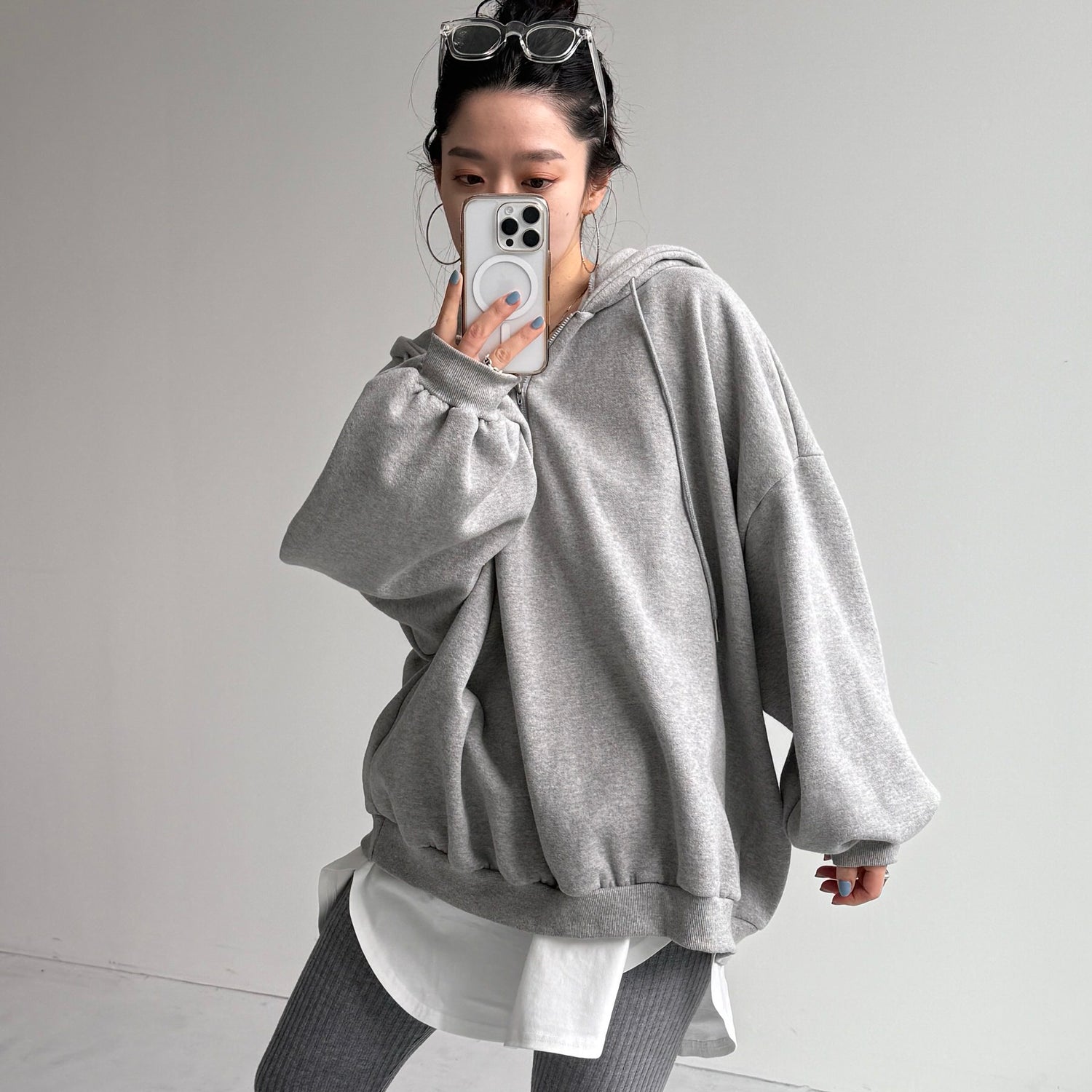 half zip loose hoodie / gray