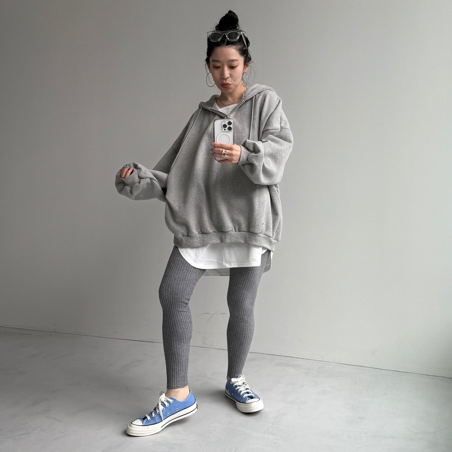 half zip loose hoodie / gray