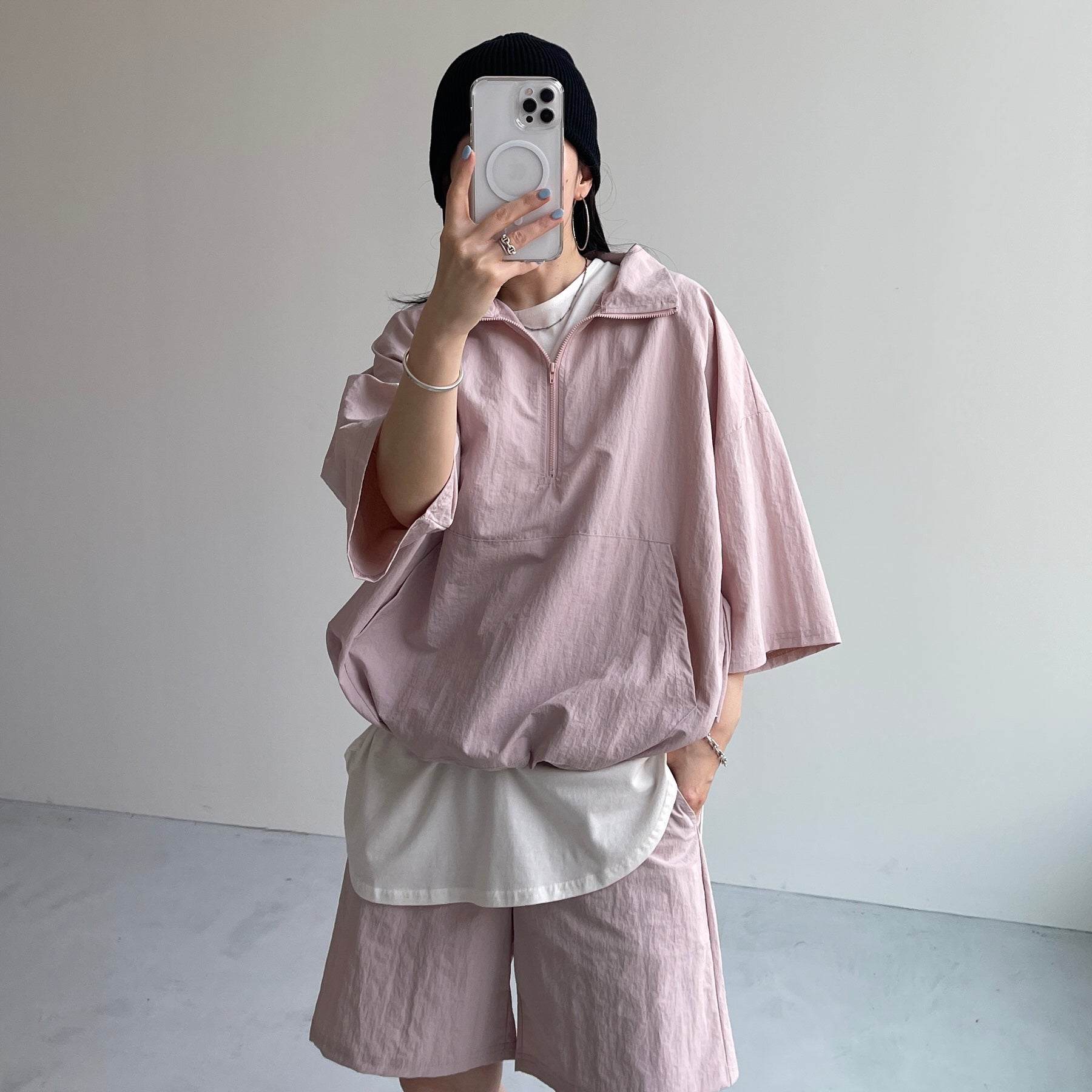 over size half zip nylon po / pink | wee9s | ウィークス