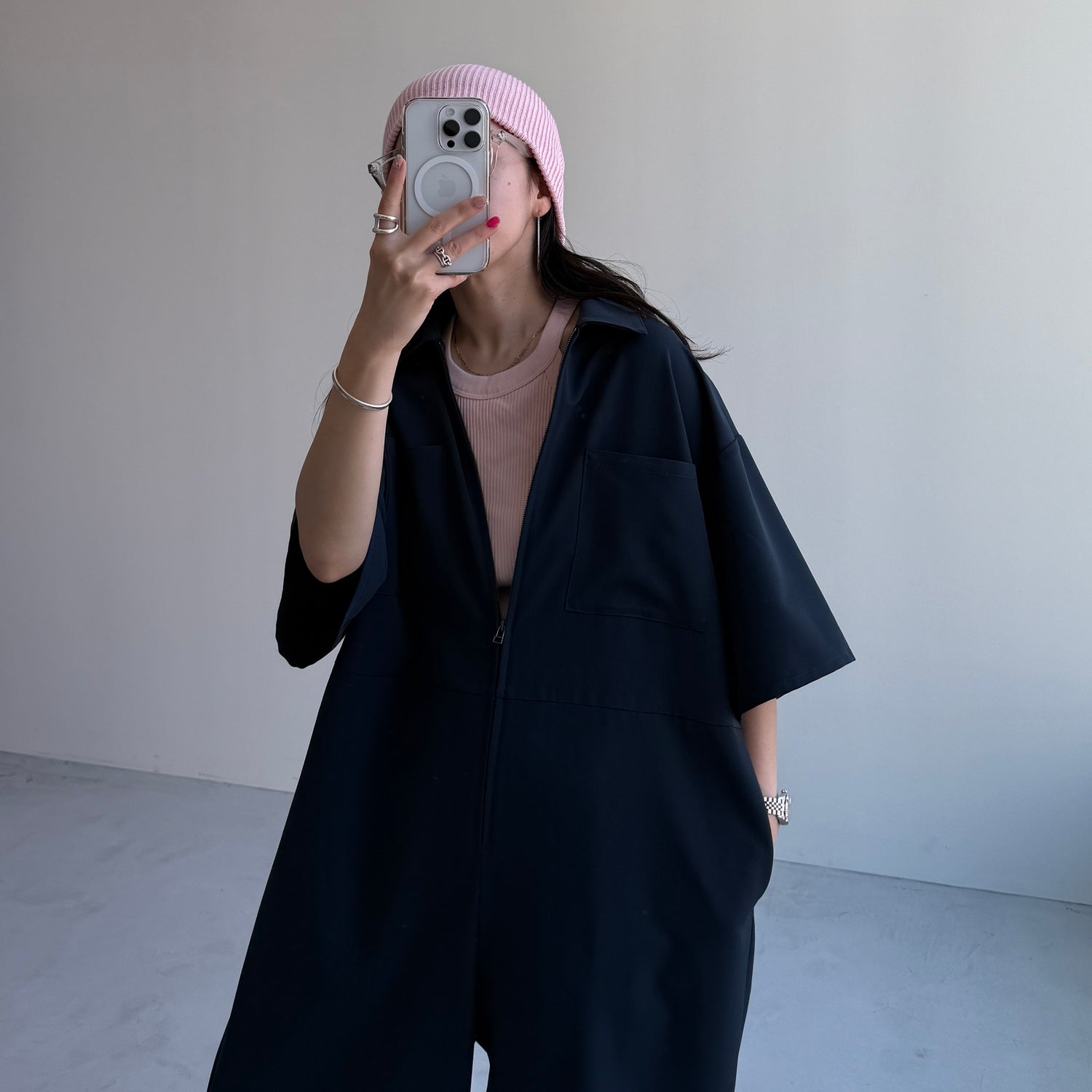 half sleeve zip all in one / navy [2size]