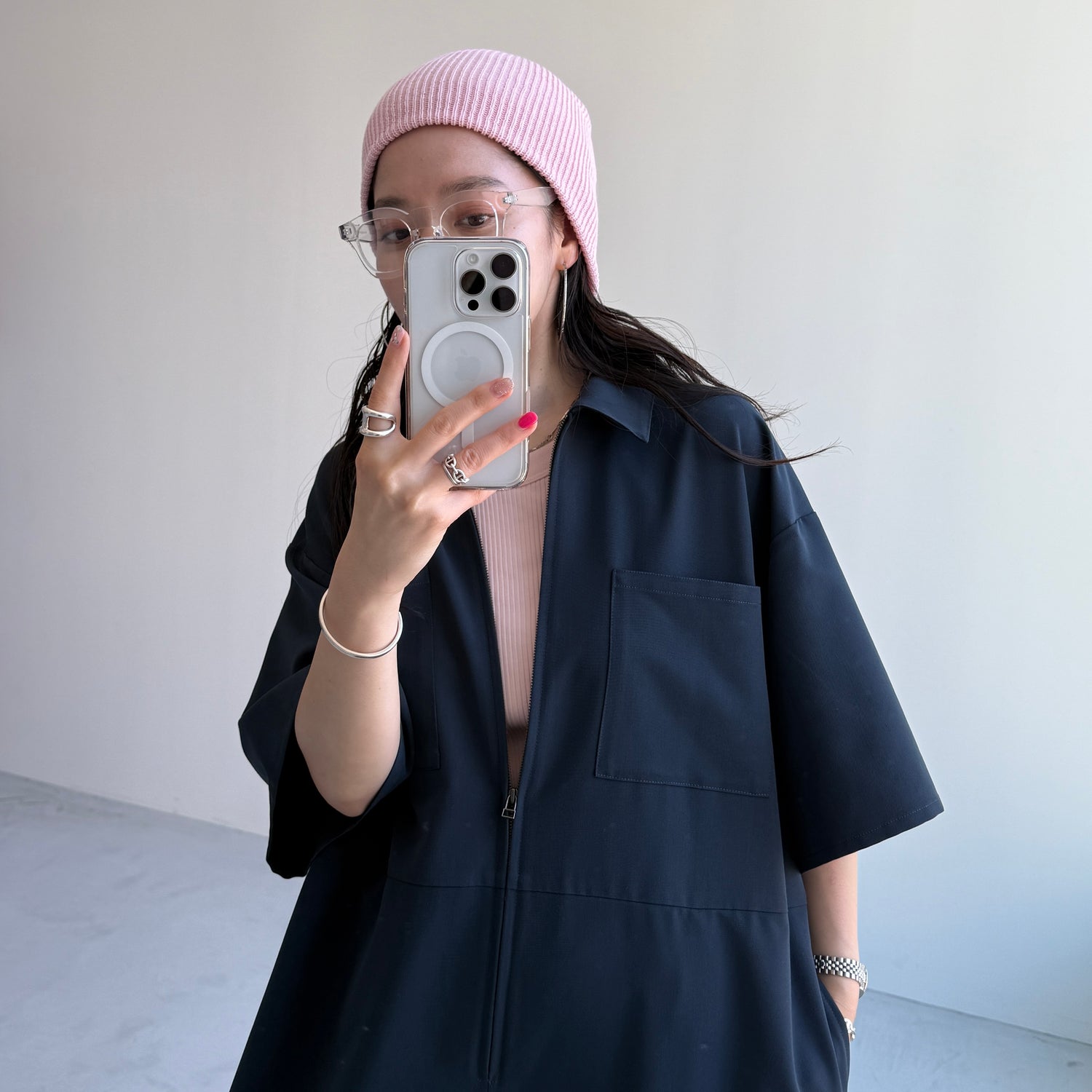 half sleeve zip all in one / navy [2size]