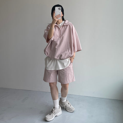 (2点SET) half zip nylon set up / pink