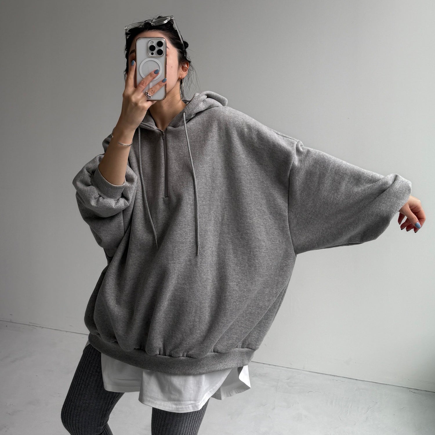 half zip loose hoodie / gray