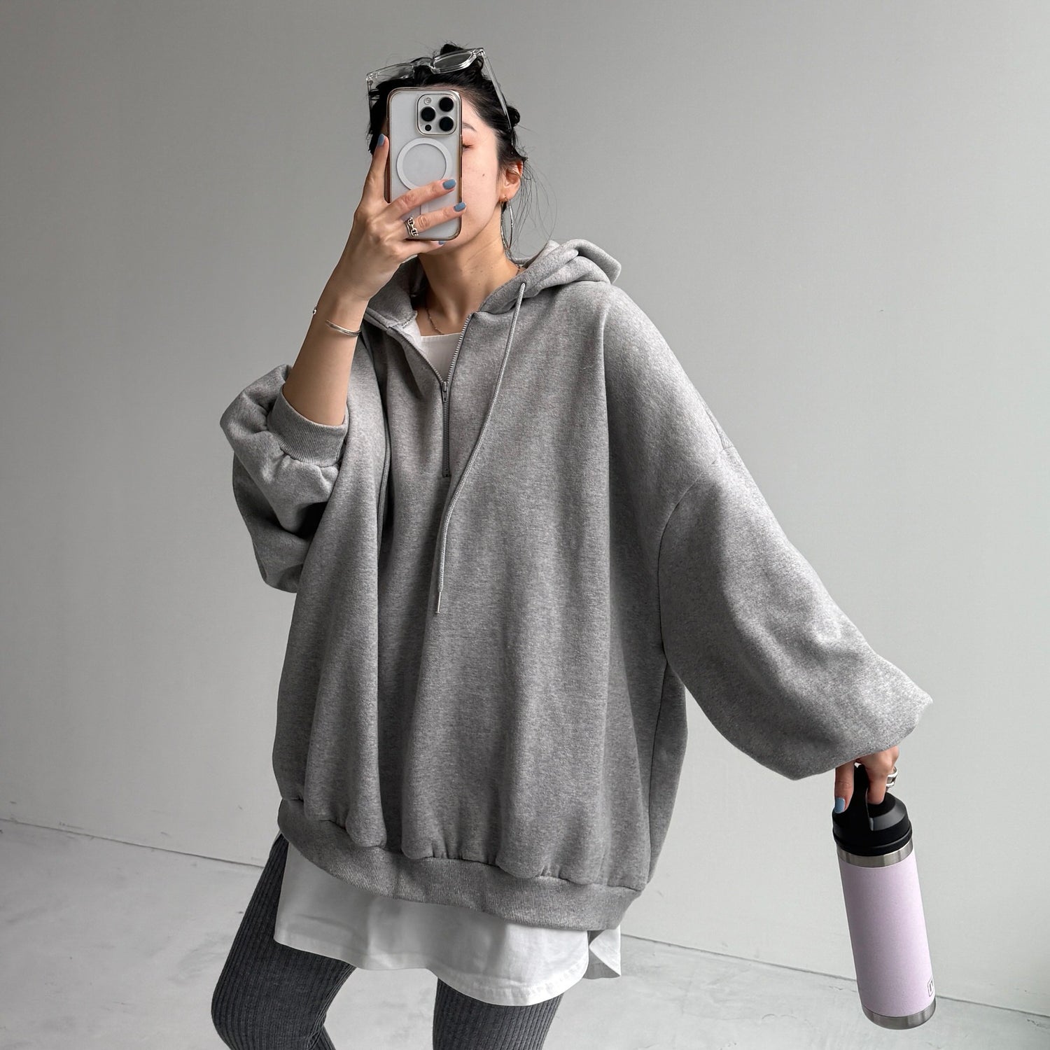 half zip loose hoodie / gray