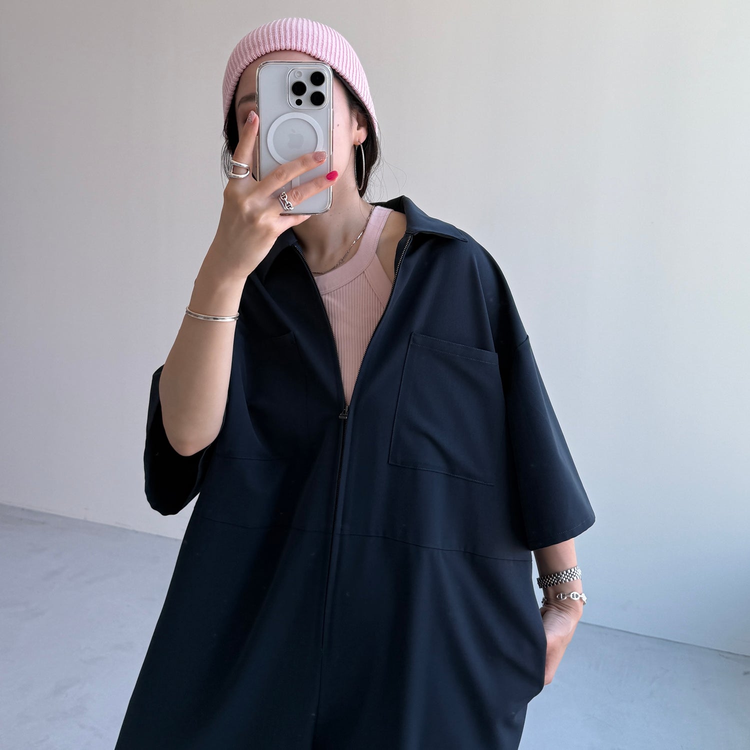 half sleeve zip all in one / navy [2size]