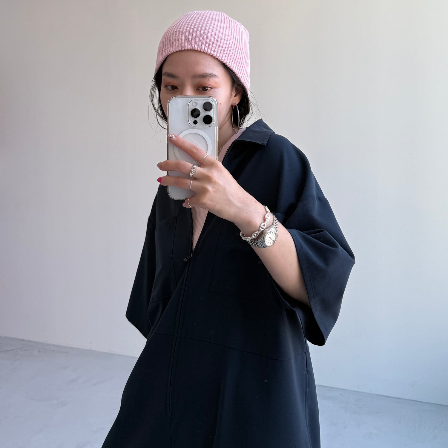 half sleeve zip all in one / navy [2size]