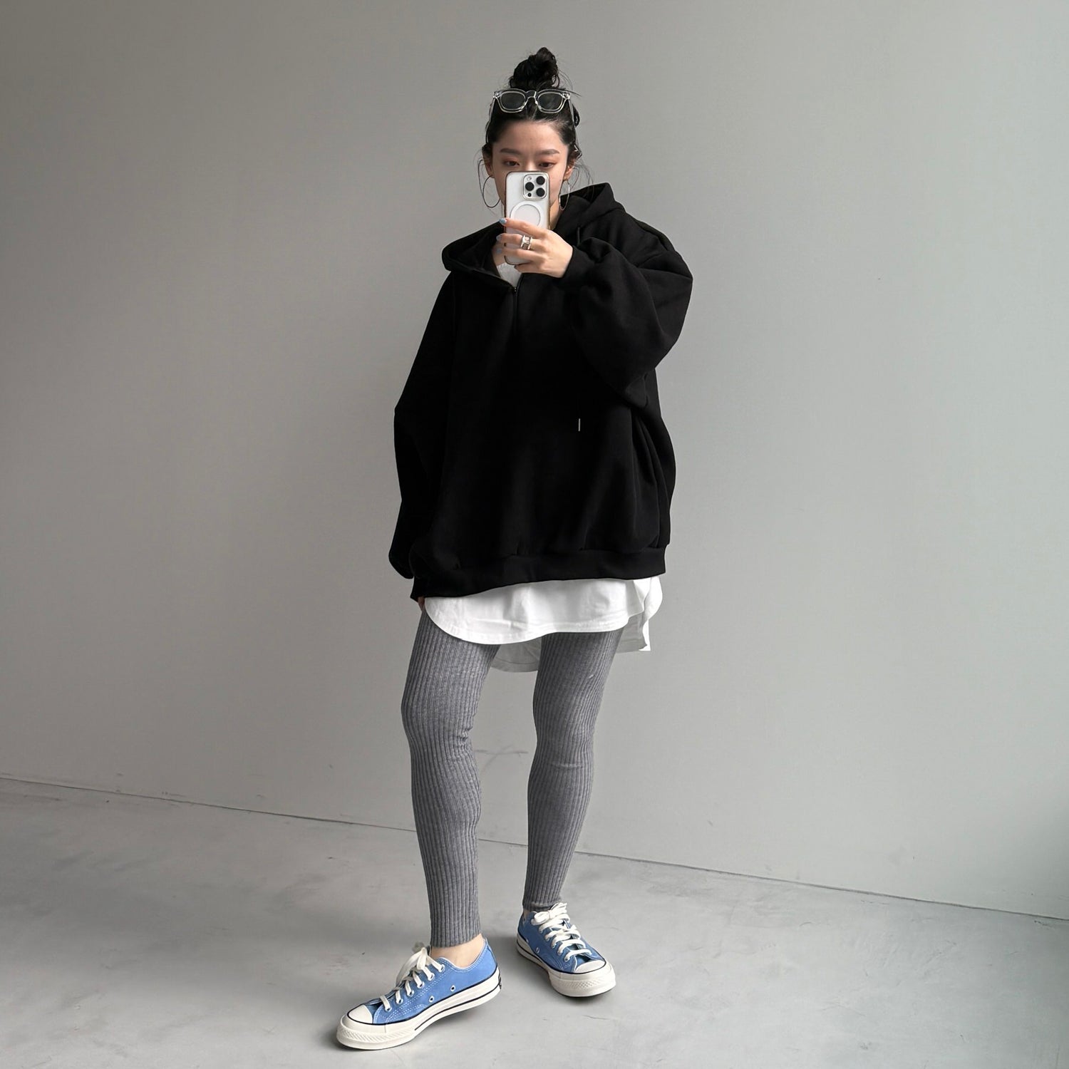 half zip loose hoodie / black