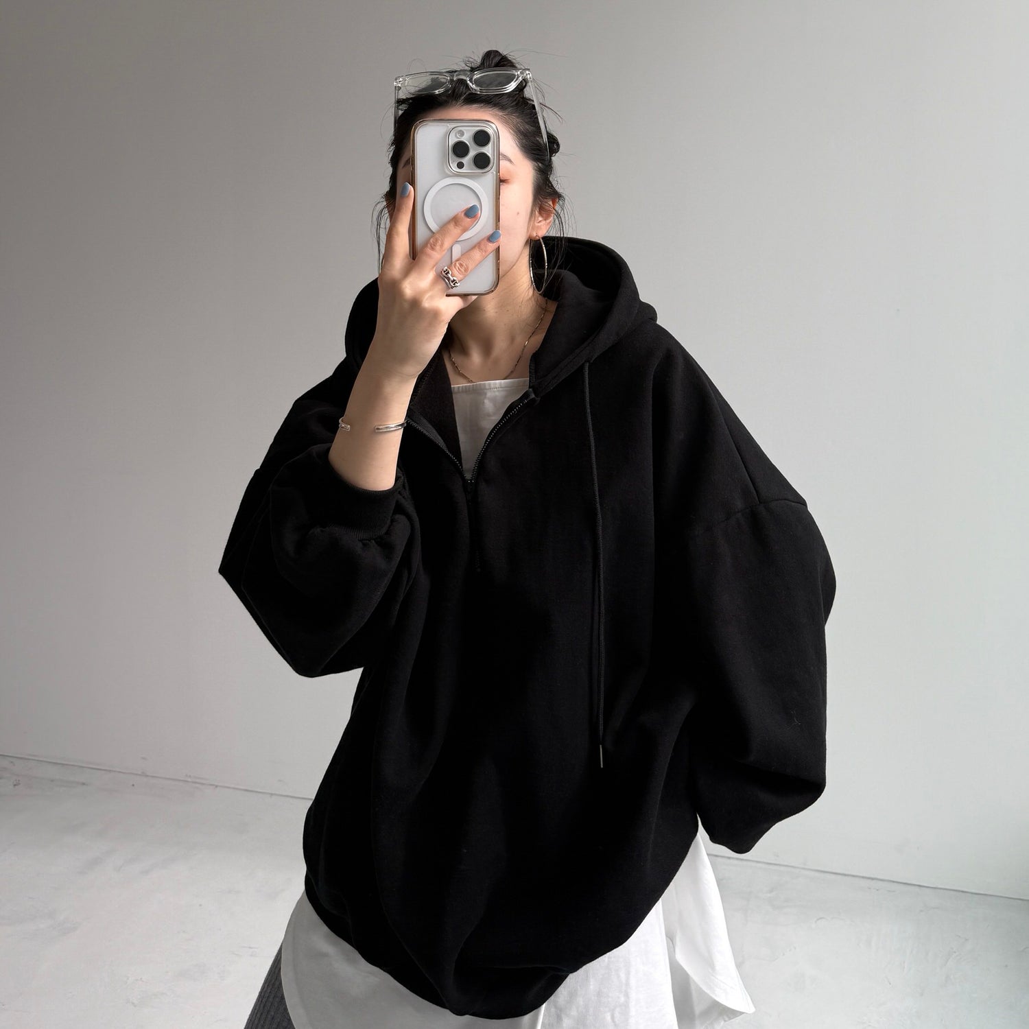 half zip loose hoodie / black