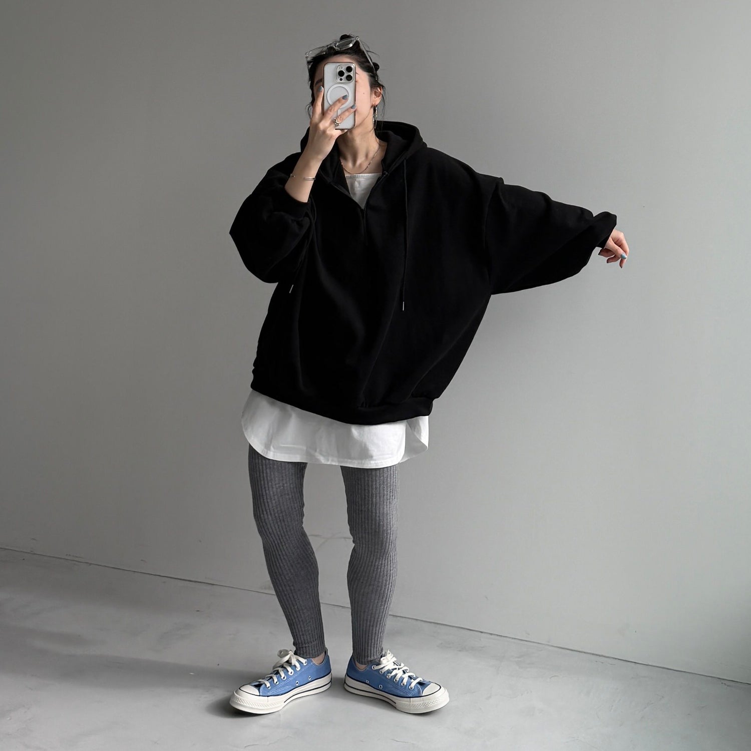 half zip loose hoodie / black