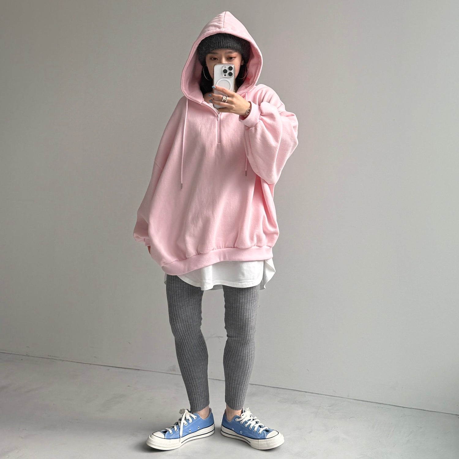 half zip loose hoodie / baby pink