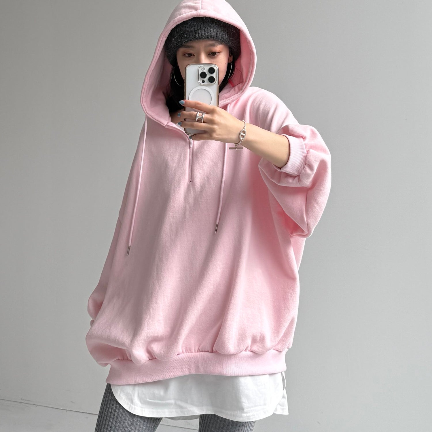 half zip loose hoodie / baby pink