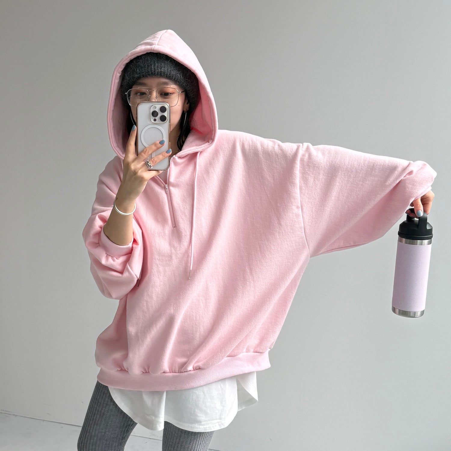 half zip loose hoodie / baby pink
