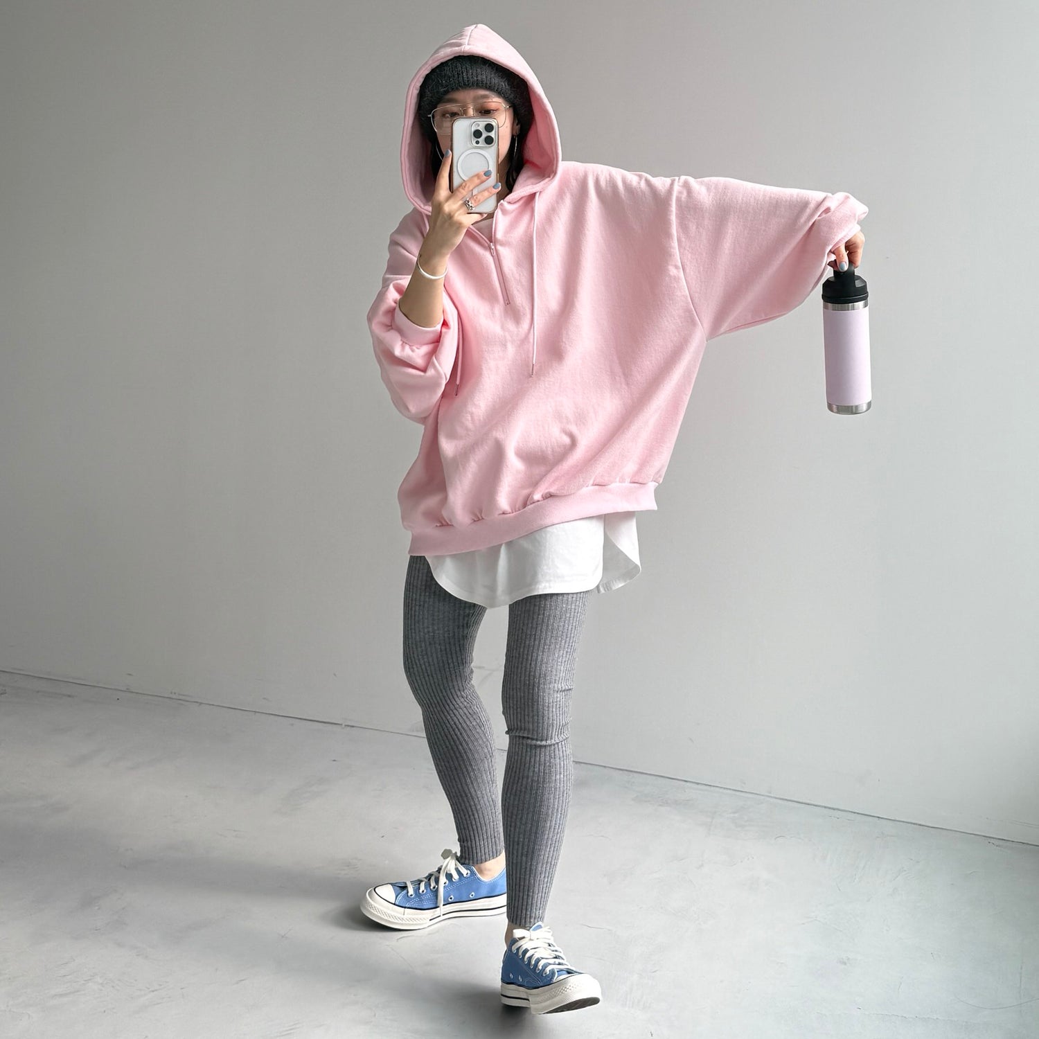 half zip loose hoodie / baby pink