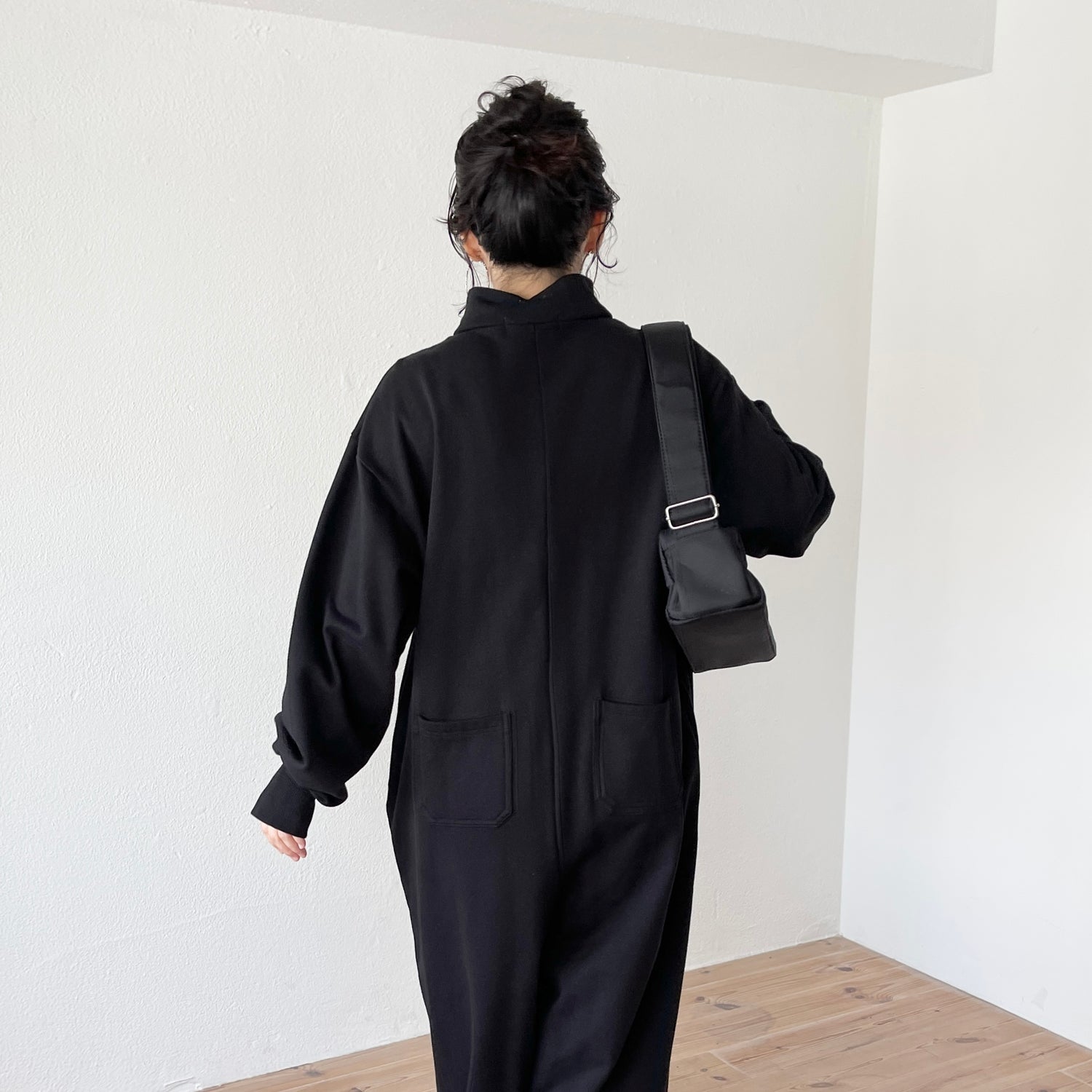 high neck half zip up sweat all in one / black （ハイネックハーフ 