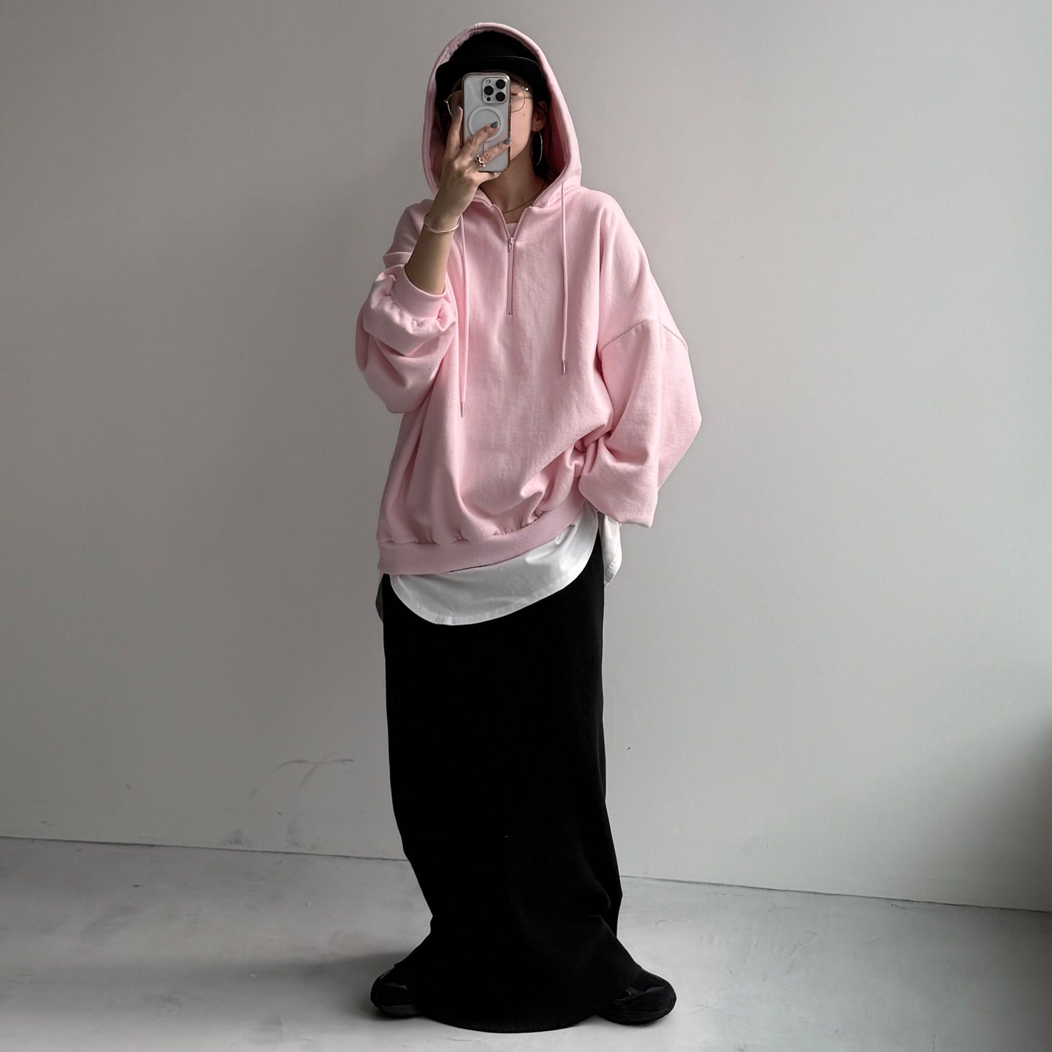 half zip loose hoodie / baby pink