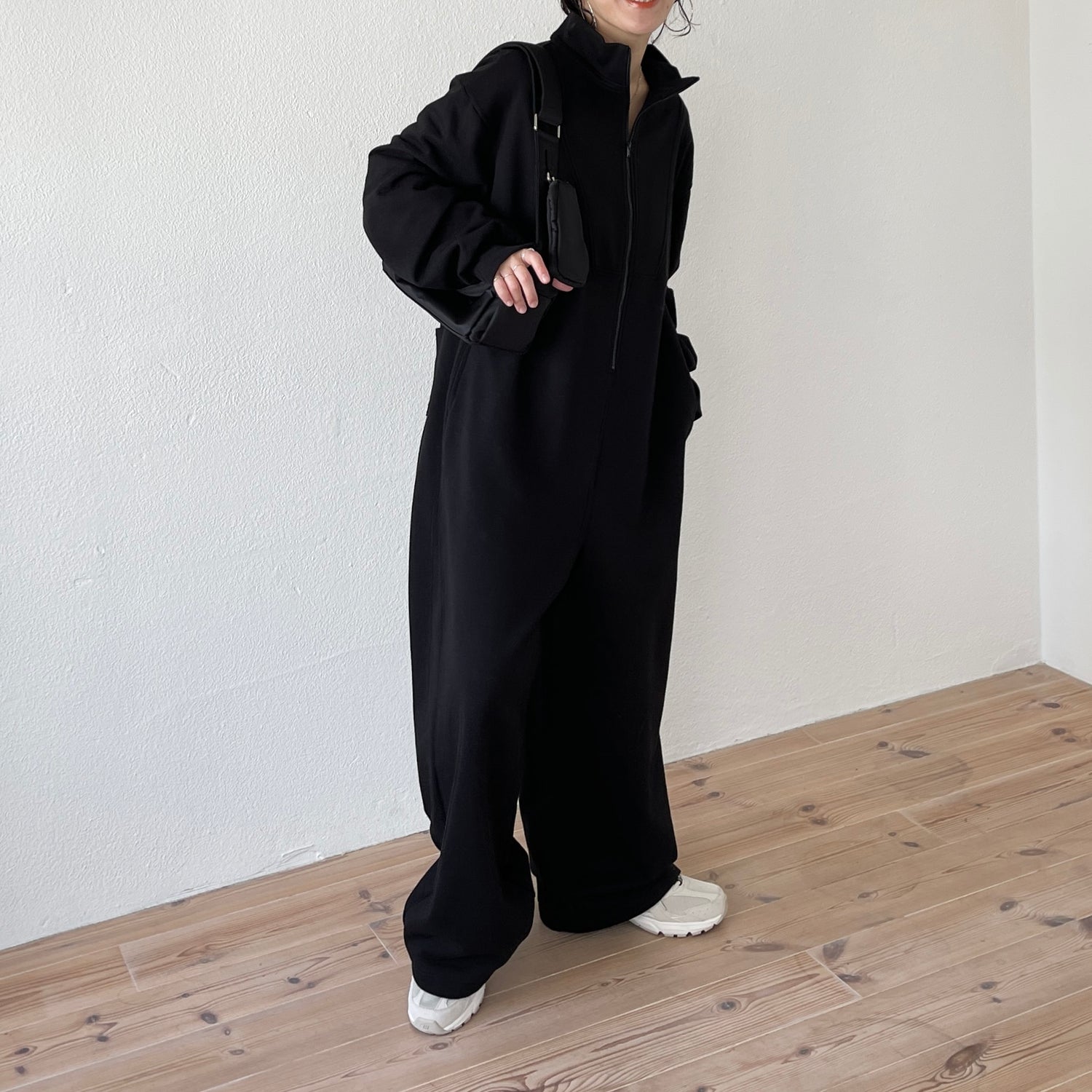 high neck half zip up sweat all in one / black （ハイネックハーフ 