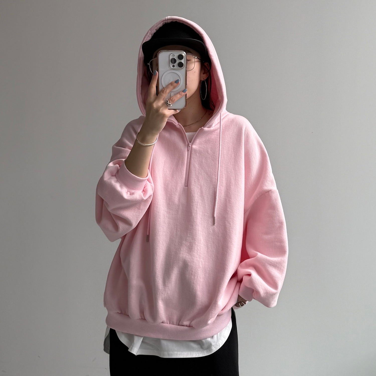 half zip loose hoodie / baby pink