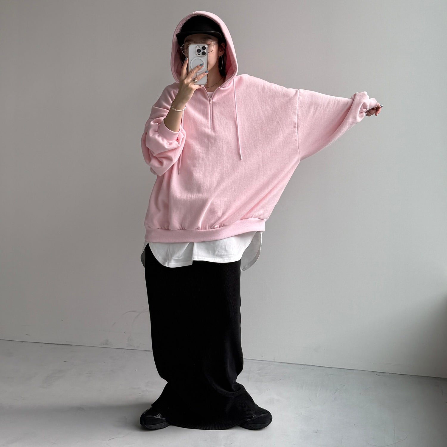 half zip loose hoodie / baby pink