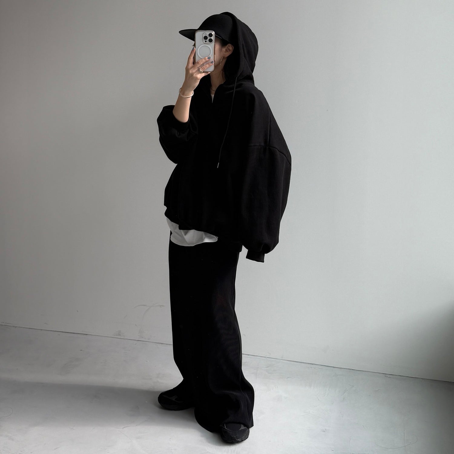 half zip loose hoodie / black