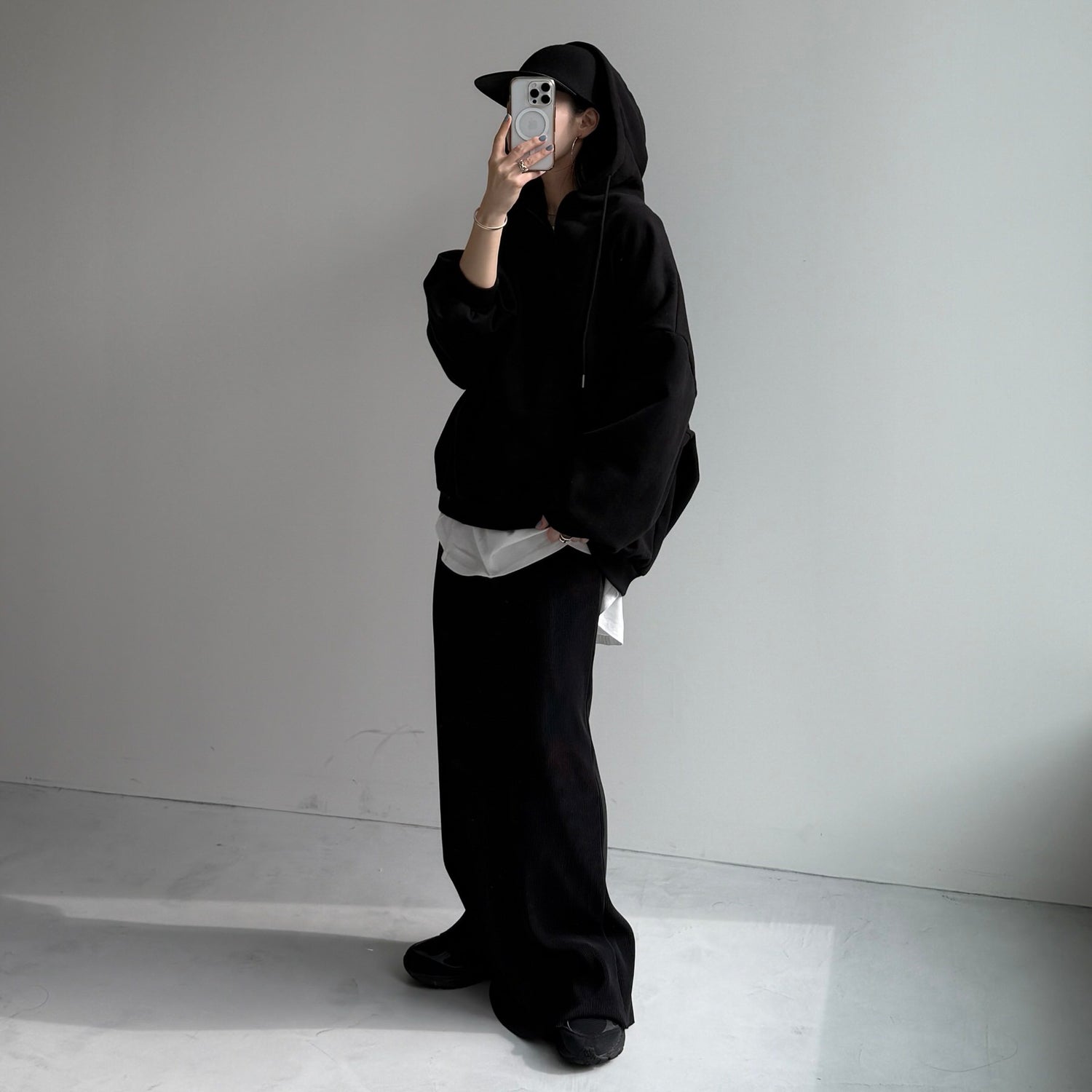 half zip loose hoodie / black