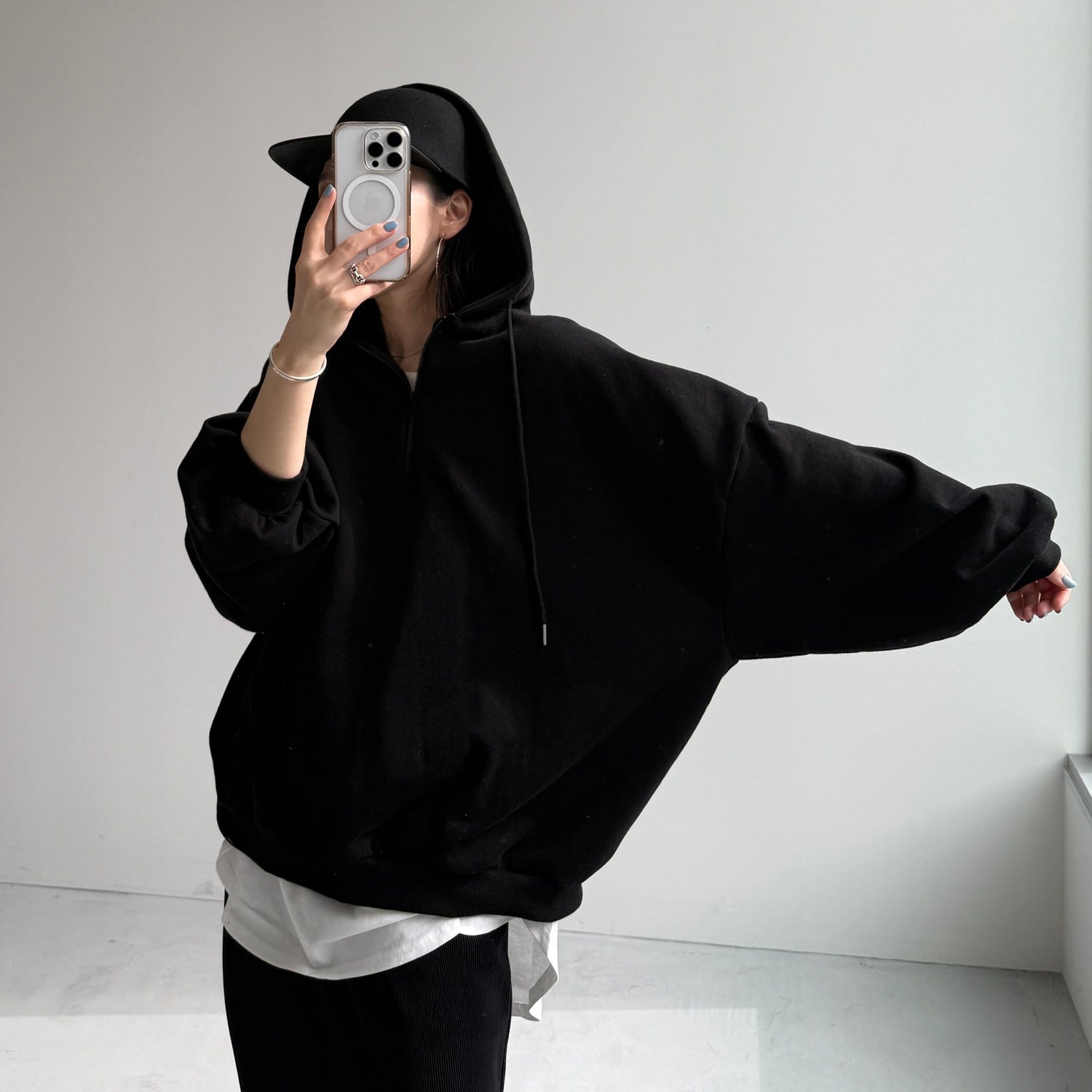 half zip loose hoodie / black