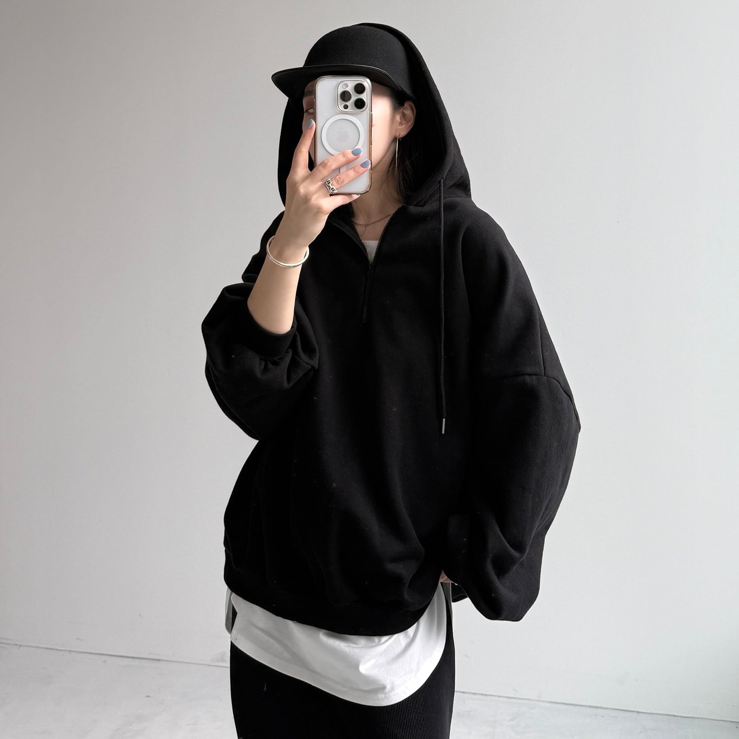 half zip loose hoodie / black