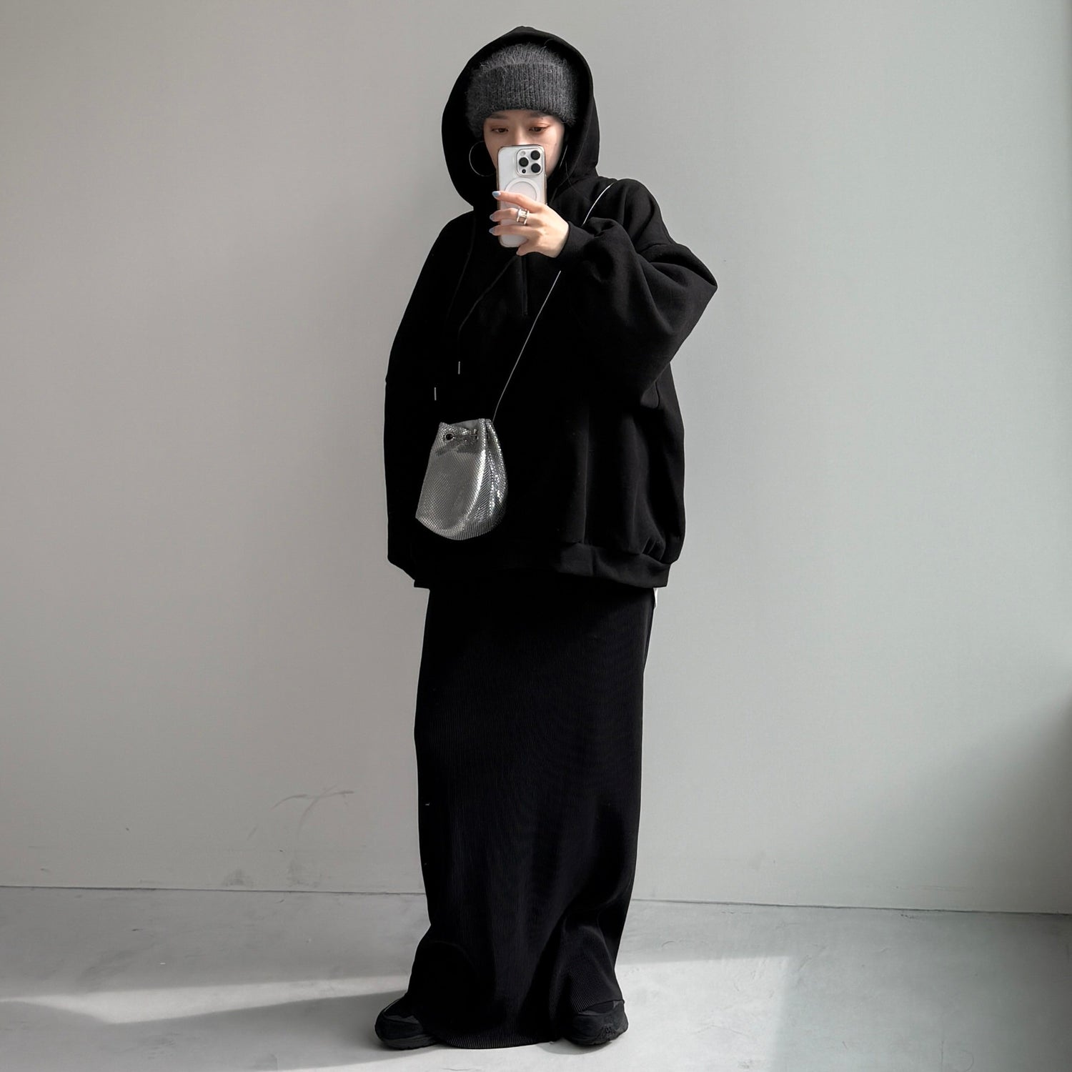 half zip loose hoodie / black