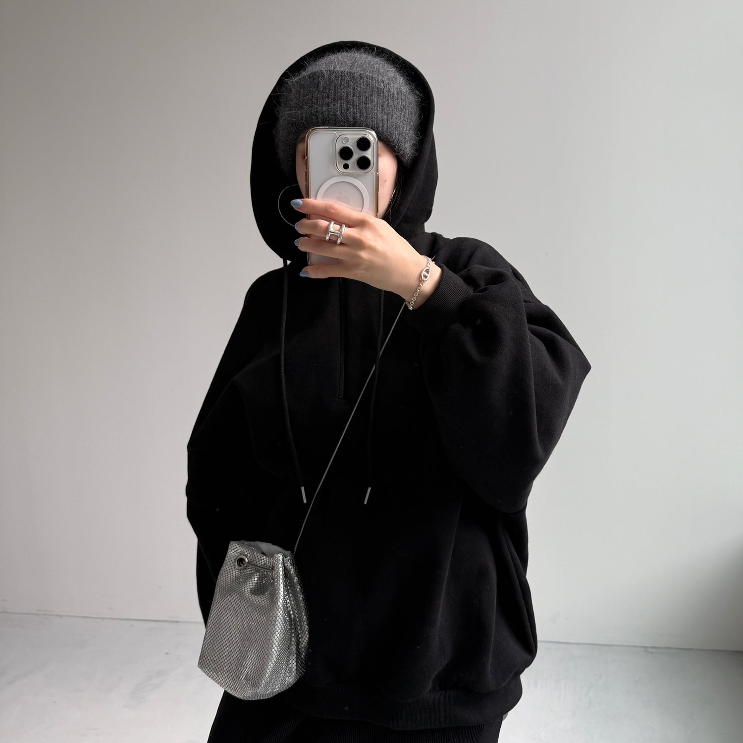 half zip loose hoodie / black