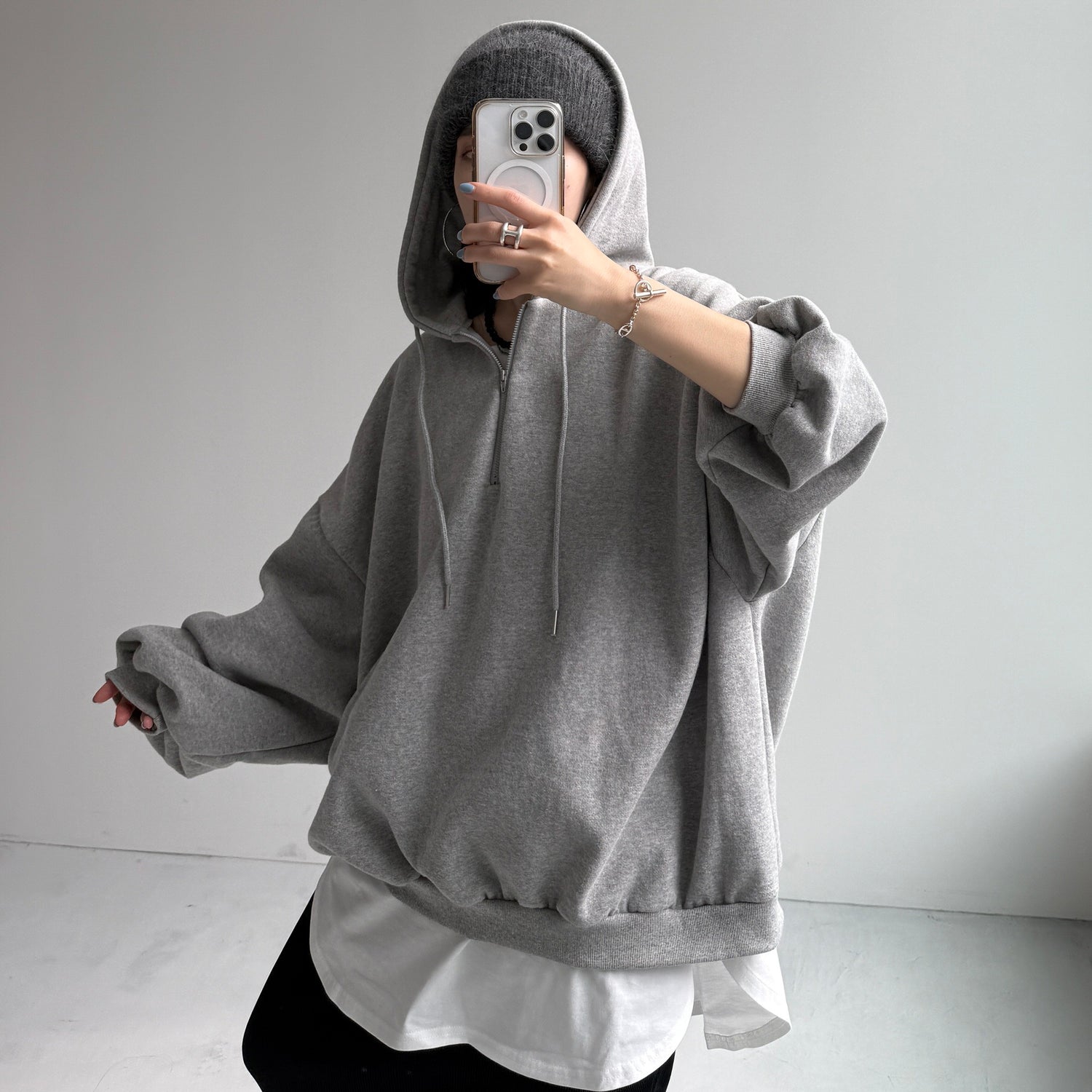 half zip loose hoodie / gray