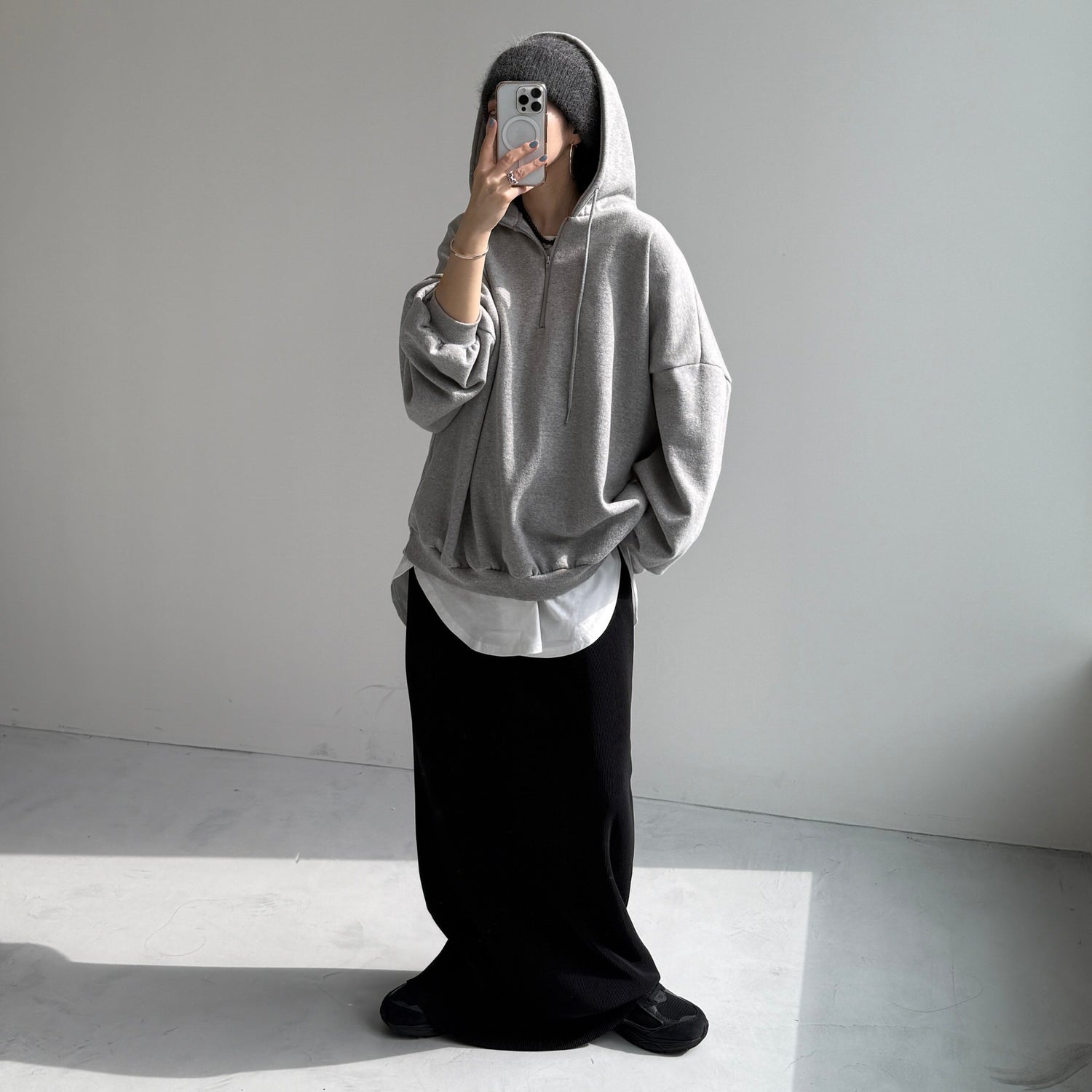 half zip loose hoodie / gray