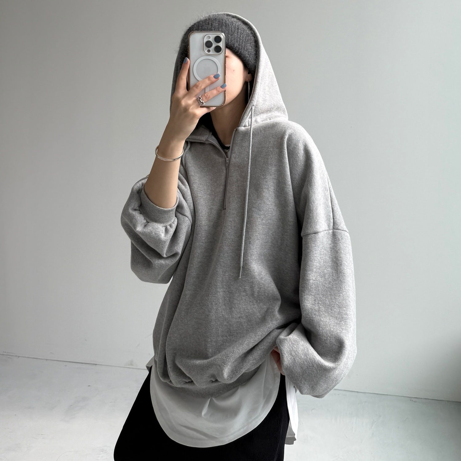 half zip loose hoodie / gray