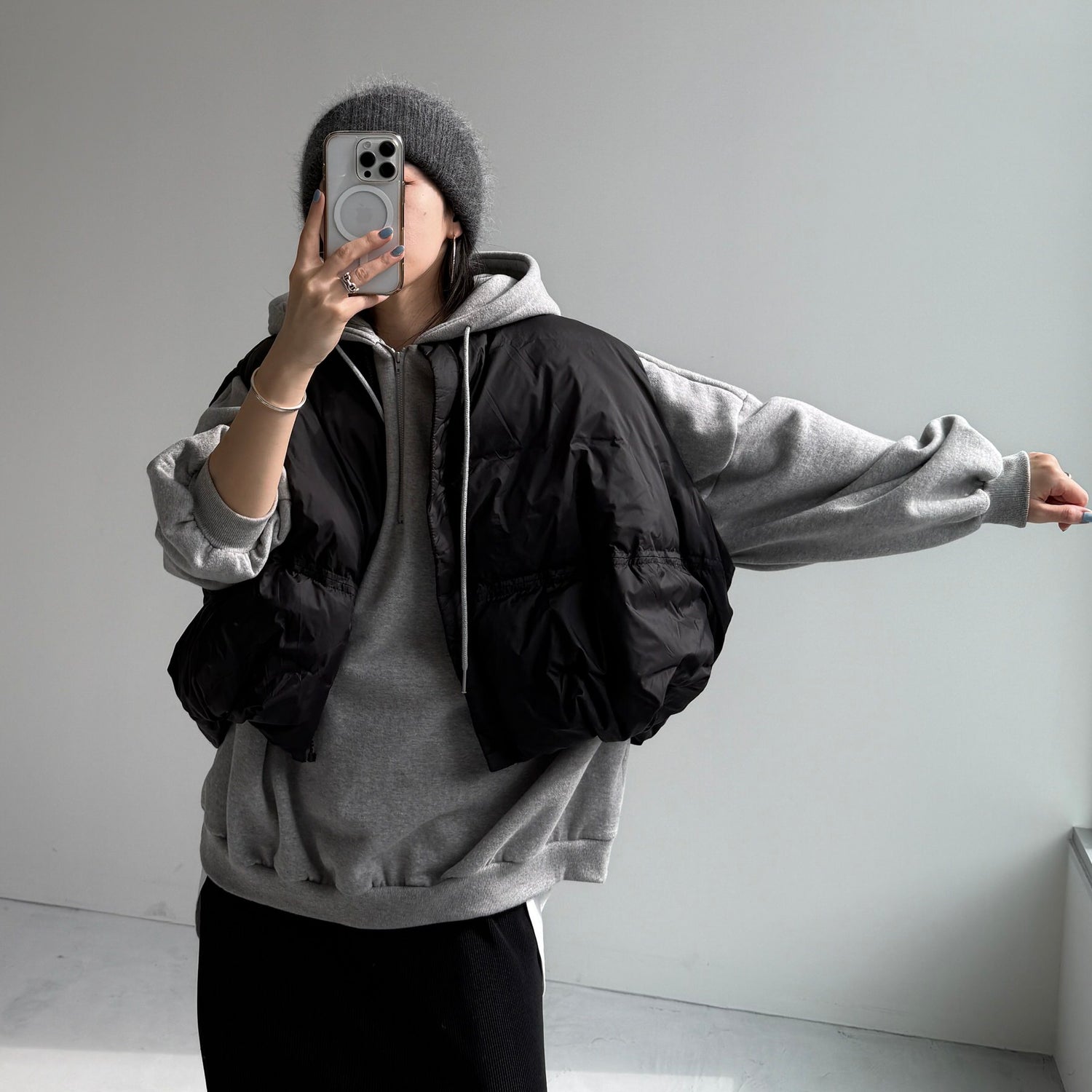 half zip loose hoodie / gray