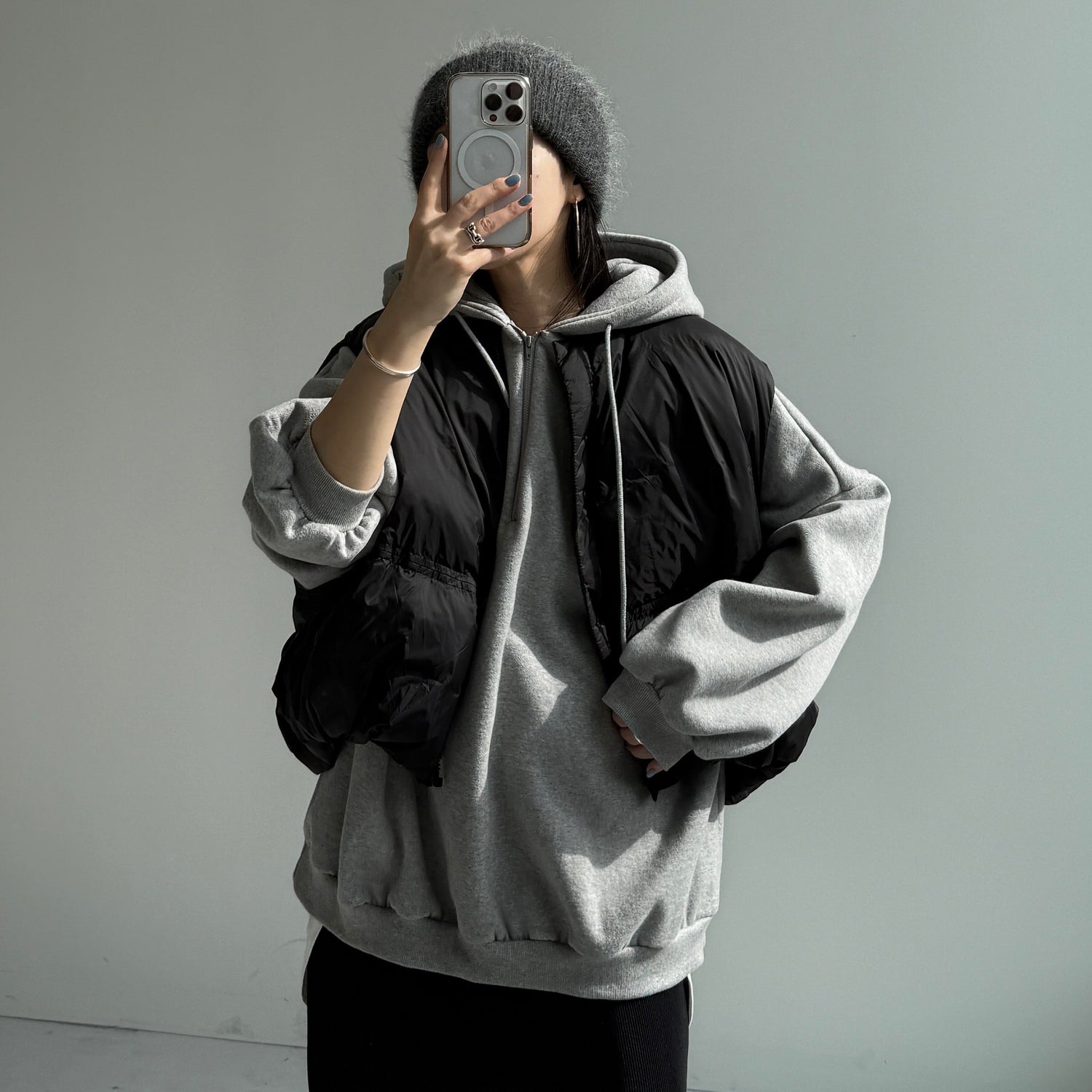 half zip loose hoodie / gray