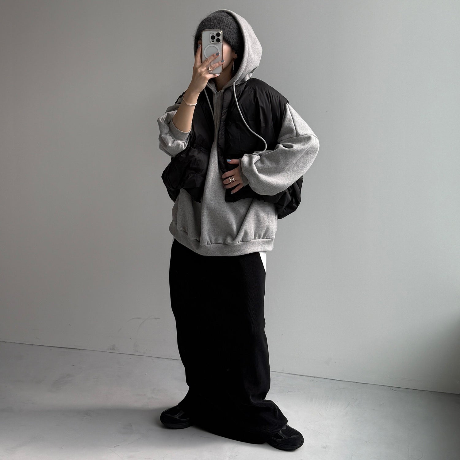 half zip loose hoodie / gray