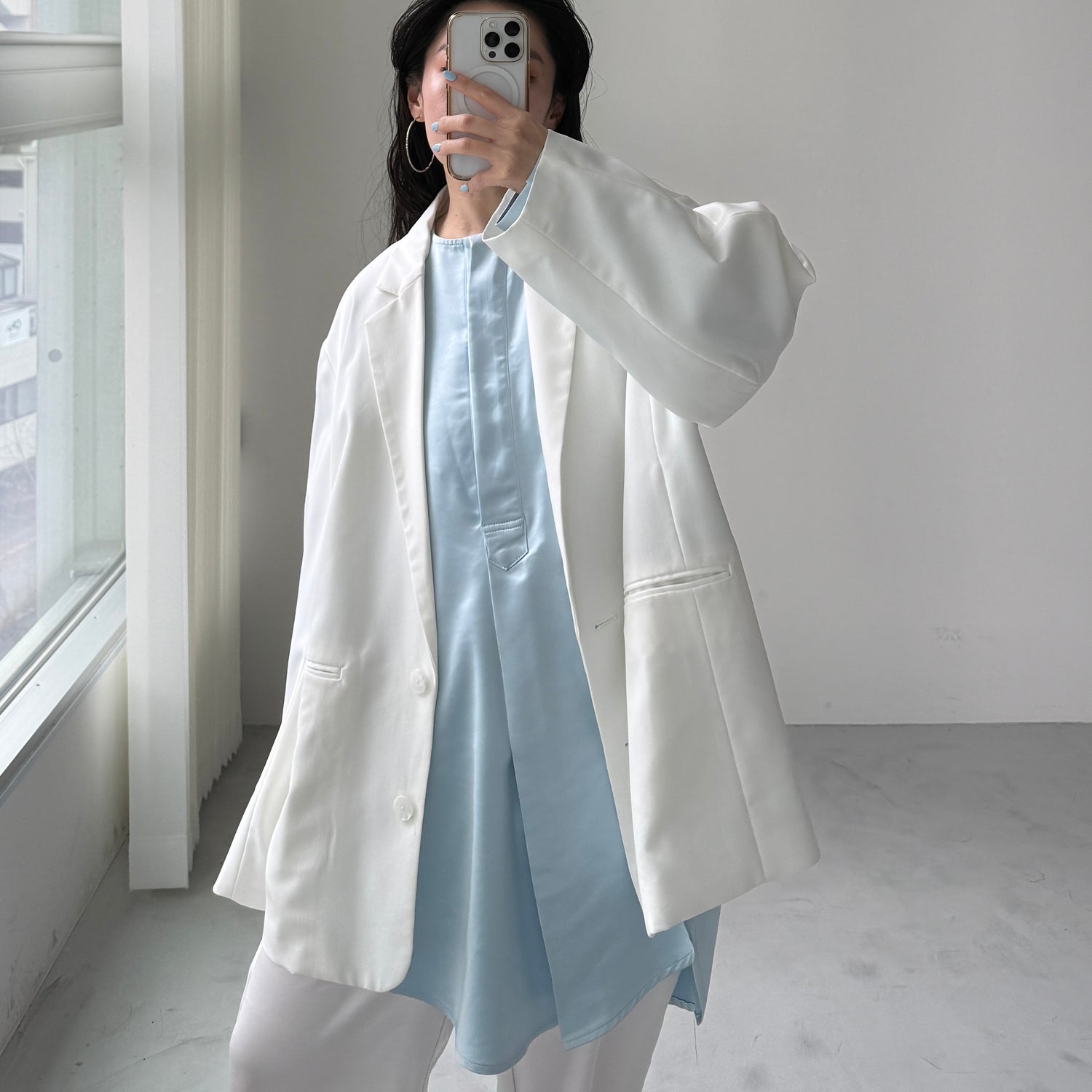 over size no collar mannish satin shirt / light blue