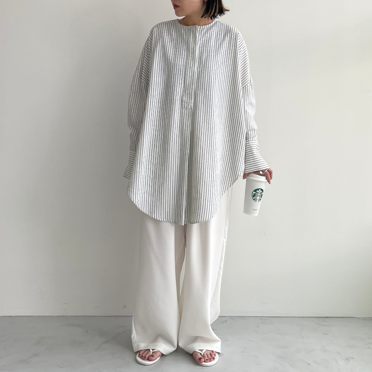 【公式サイト限定カラー】over size no collar seersucker shirt / stripe