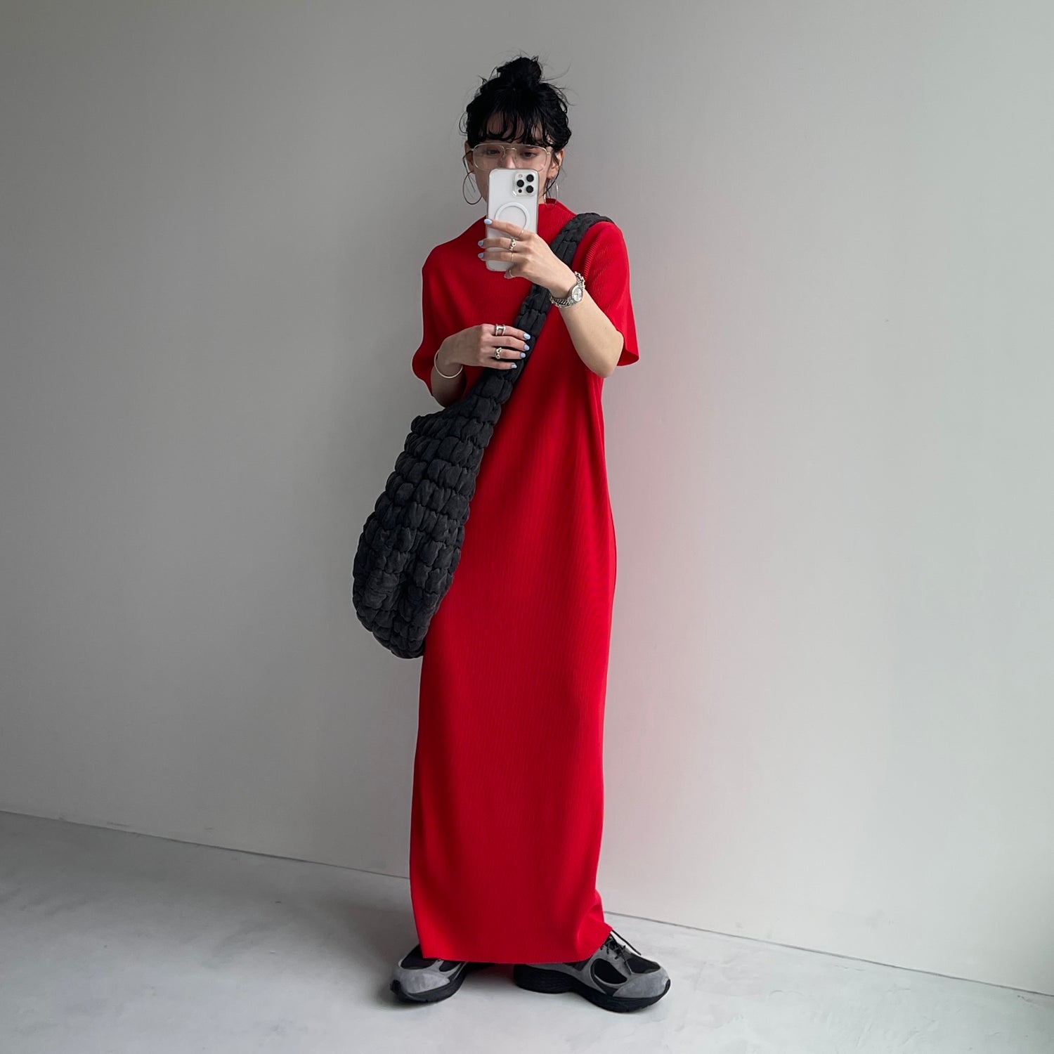 daily daily super stretch pleats one piece / cherry red [半袖 FREE or LONG]