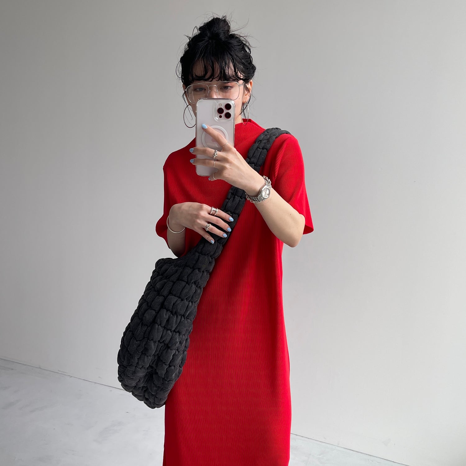 daily daily super stretch pleats one piece / cherry red [半袖 FREE or LONG]