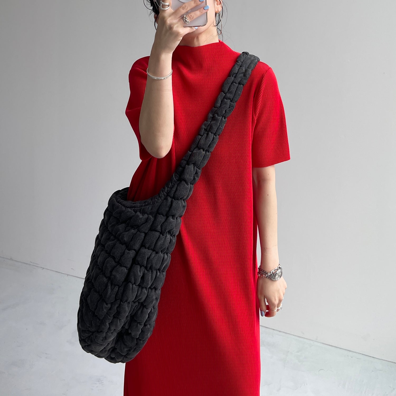 daily daily super stretch pleats one piece / cherry red [半袖 FREE or LONG]